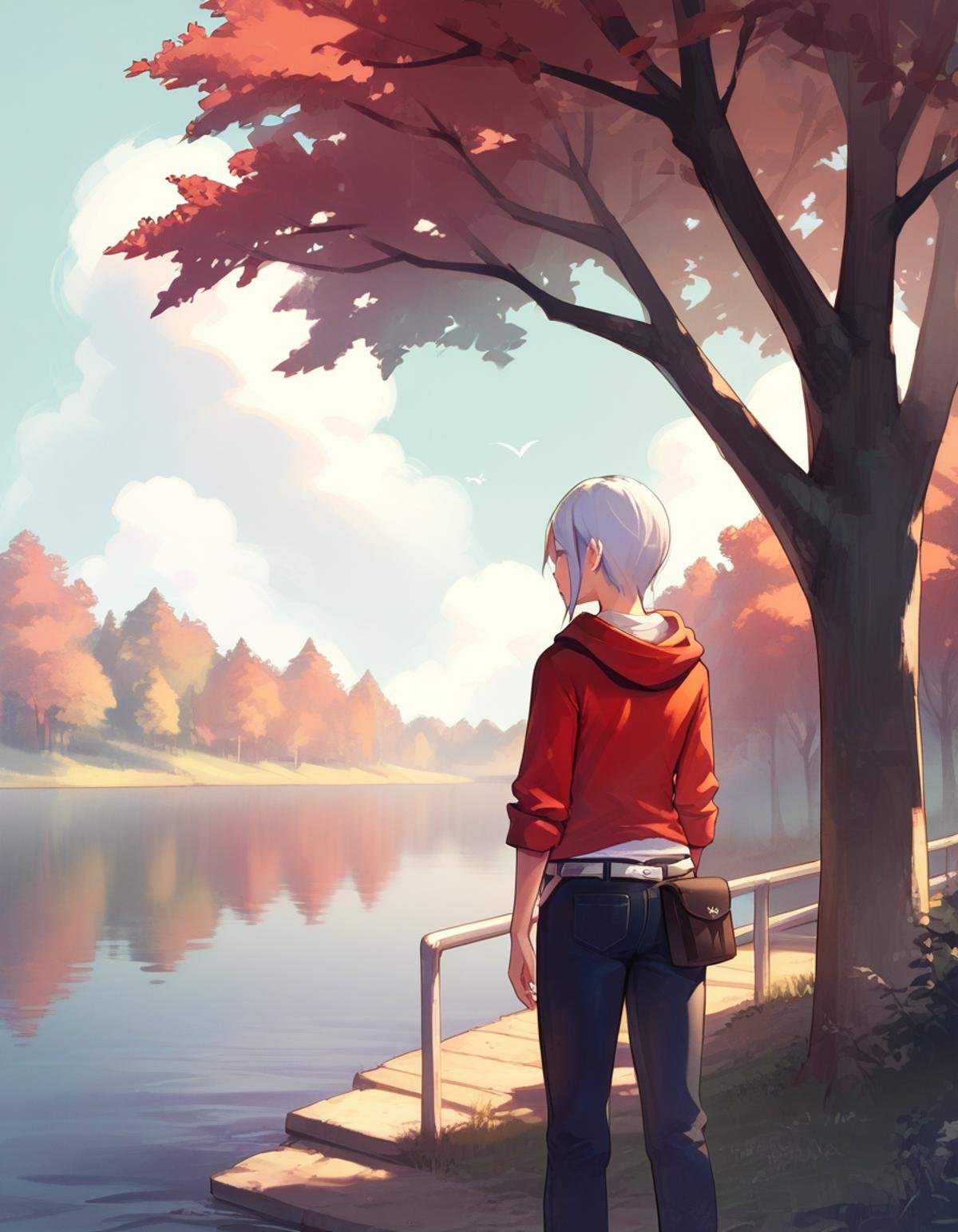 <lora:ashley-ac-ponyxl-000060:1> ashley mizuki robbins, hoodie, white shirt, red sleeves, jeans, white belt,belt pouch, from behind, lake, tree, outdoors, scenery, score_9, score_8_up, score_7_up, score_6_up, score_5_up, score_4_up