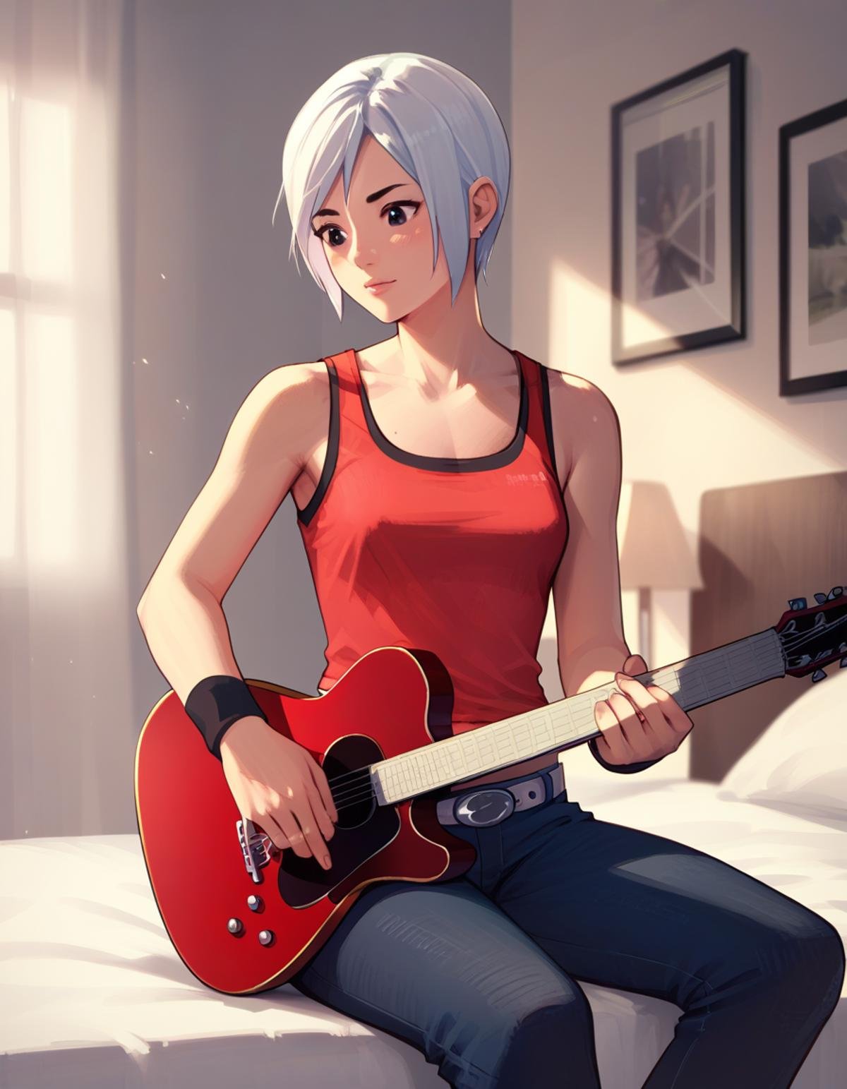 <lora:ashley-ac-ponyxl-000060:1> ashley mizuki robbins, tank top, red shirt, midriff peek, jeans, white belt, wristband,sitting, guitar, bedroom, score_9, score_8_up, score_7_up, score_6_up, score_5_up, score_4_up