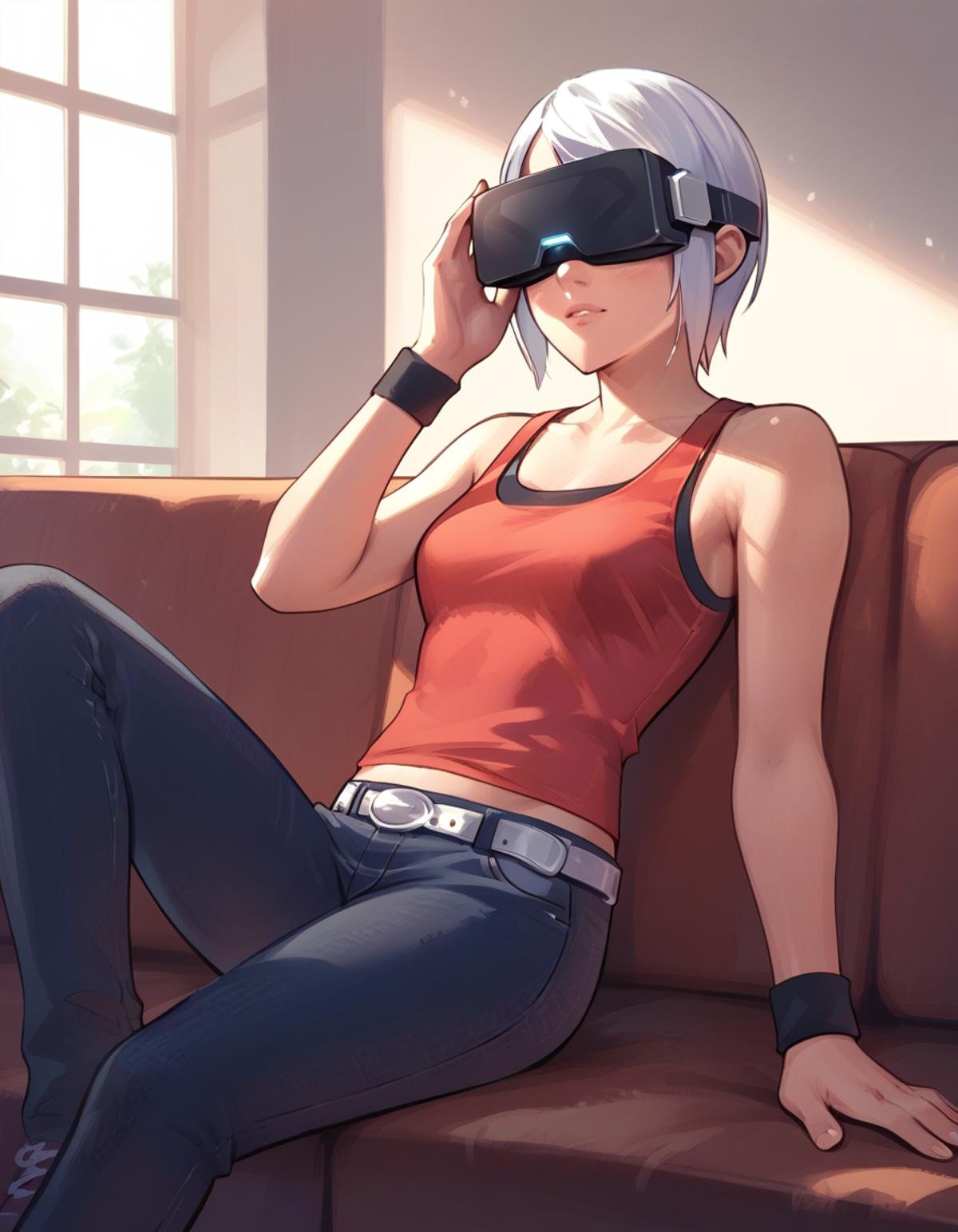 <lora:ashley-ac-ponyxl-000060:1> ashley mizuki robbins, tank top, red shirt, midriff peek, jeans, white belt, wristband,sitting, sofa, living room, wearing VR headset, score_9, score_8_up, score_7_up, score_6_up, score_5_up, score_4_up