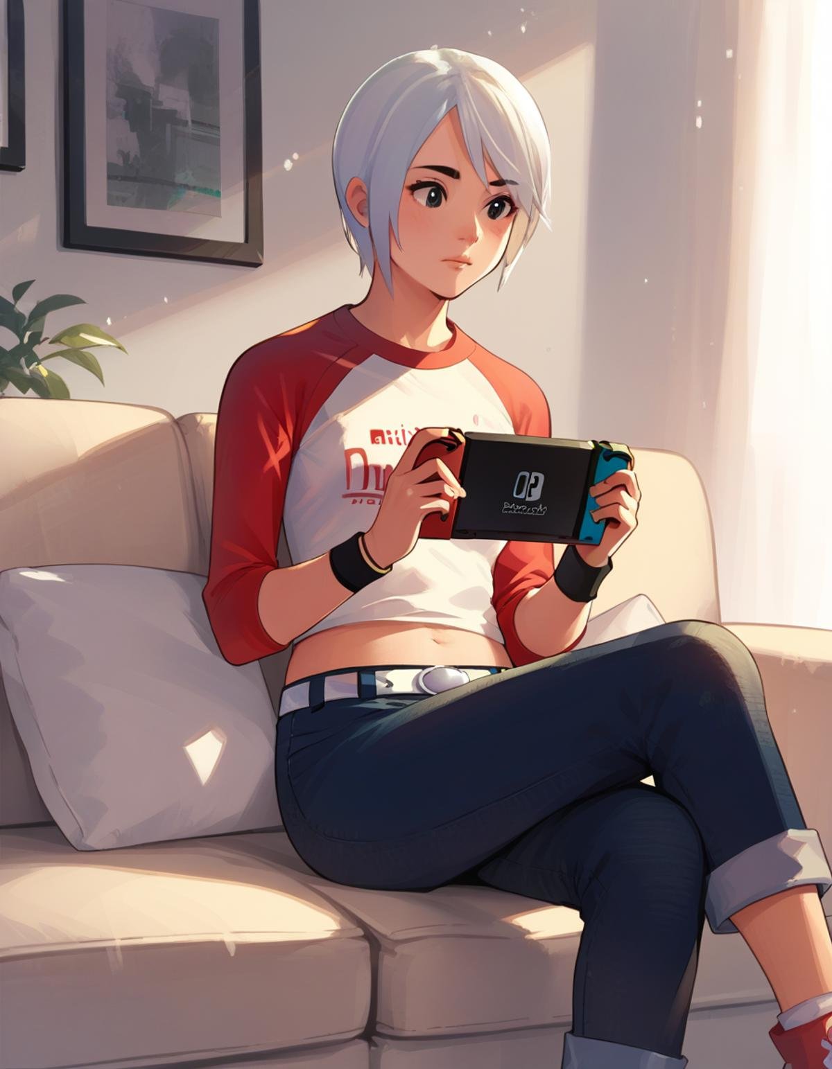 <lora:ashley-ac-ponyxl-000060:1> ashley mizuki robbins, cropped shirt, white shirt, red sleeves, raglan sleeves, short sleeves, midriff peek, jeans, white belt, wristband,sitting, couch, nintendo switch, score_9, score_8_up, score_7_up, score_6_up, score_5_up, score_4_up