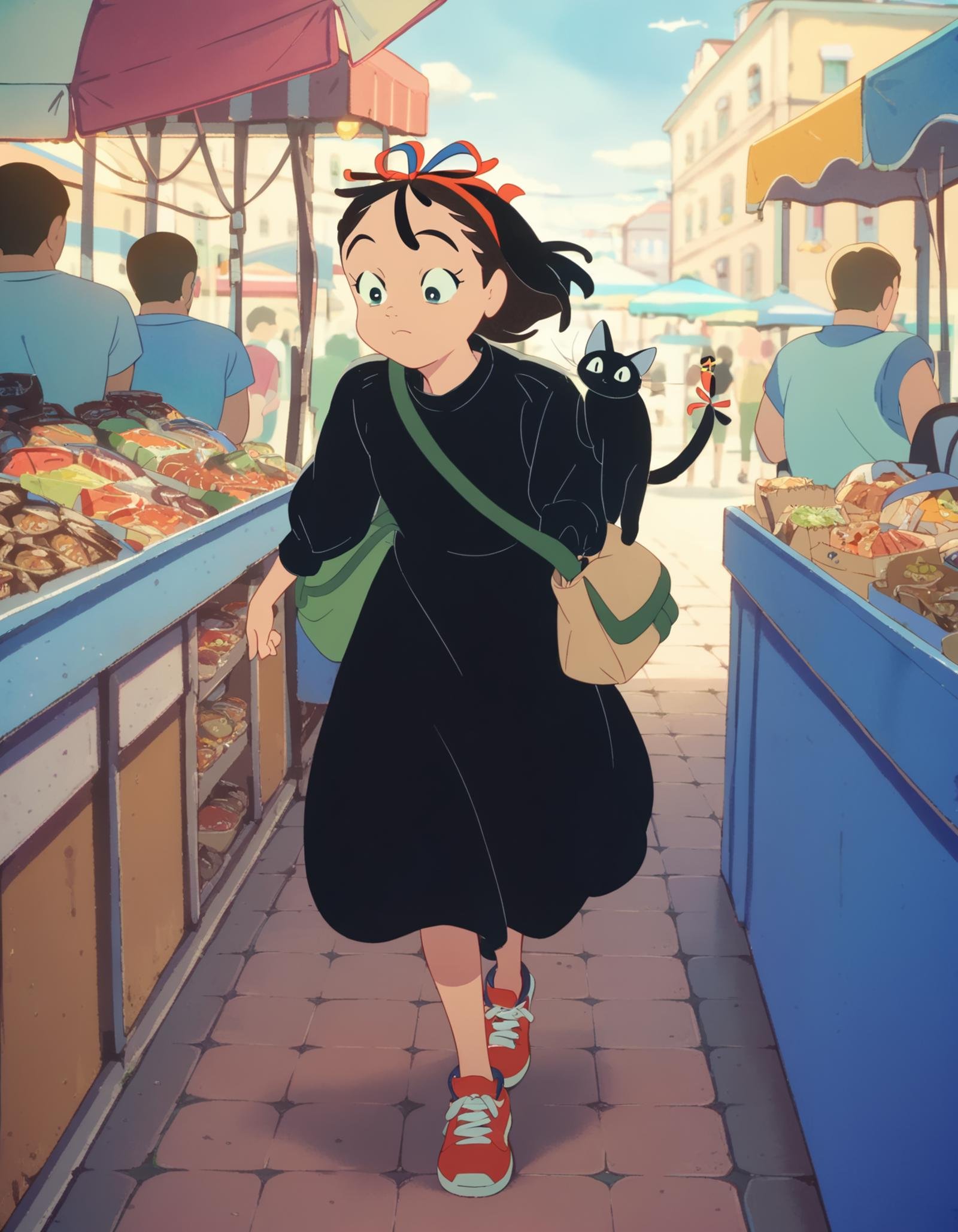 score_9,  score_8_up, score_7_up, source_anime, <lora:kikimac-ponyxl-000009:0.9> 1girl, solo, kikimac, hair ribbon, black dress, dress, bag, sneakers, red footwear,cat, grocery bag