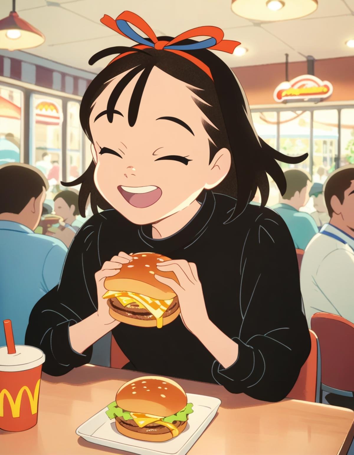 score_9,  score_8_up, score_7_up, source_anime, <lora:kikimac-ponyxl-000009:0.9> 1girl, solo, kikimac, hair ribbon, black dress, dress,smile, open mouth, closed eyes, upper body, holding food, facing viewer, burger, cheese, lettuce, french fries, disposable cup, indoors, mcdonald's