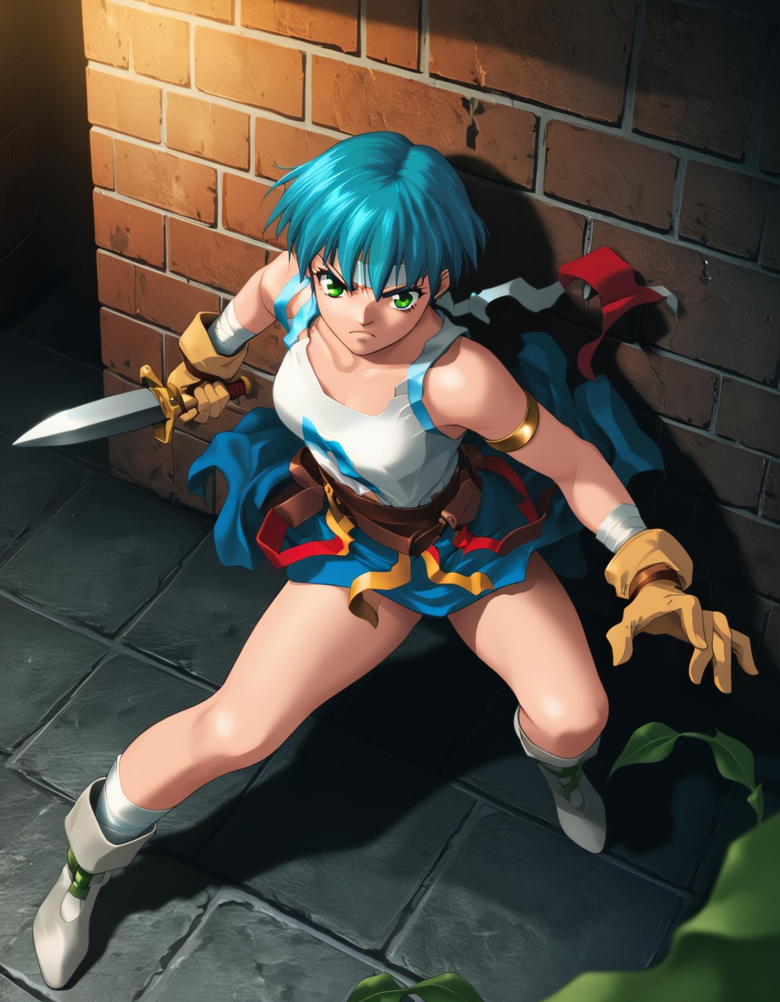 score_9,  score_8_up, score_7_up <lora:epo-ponyxl-000040:1> wwepo, blue hair, green eyes, (headband:0.5), fashion,battle, brick wall, dungeon, fighting stance, from above, holding weapon, legs apart, two-handed, vines, window