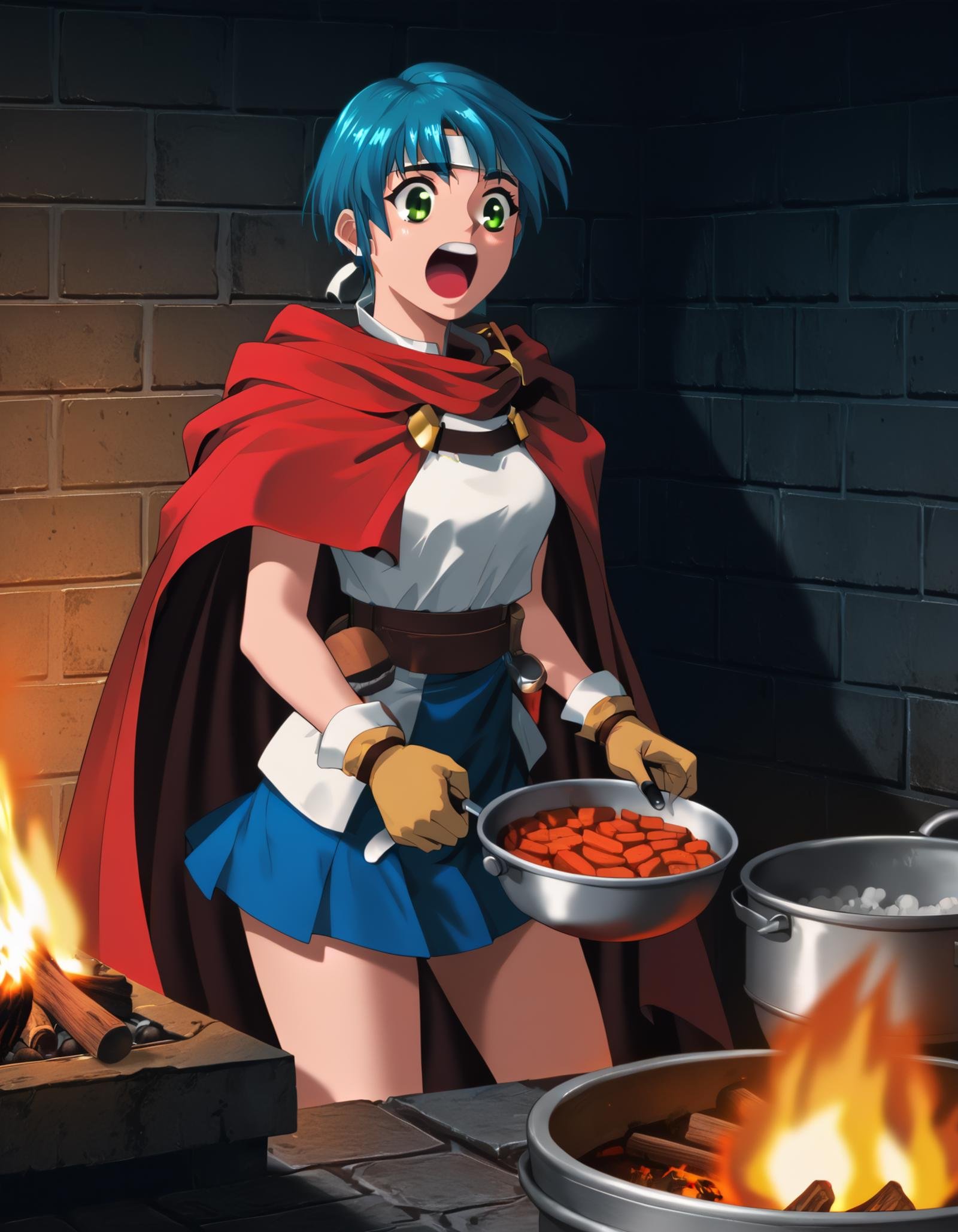 score_9,  score_8_up, score_7_up <lora:epo-ponyxl-000040:1> wwepo, blue hair, green eyes, (headband:0.5), red cape, microskirt, blue skirt,boiling, brick wall, bubble, campfire, cooking, dungeon, excited, open mouth