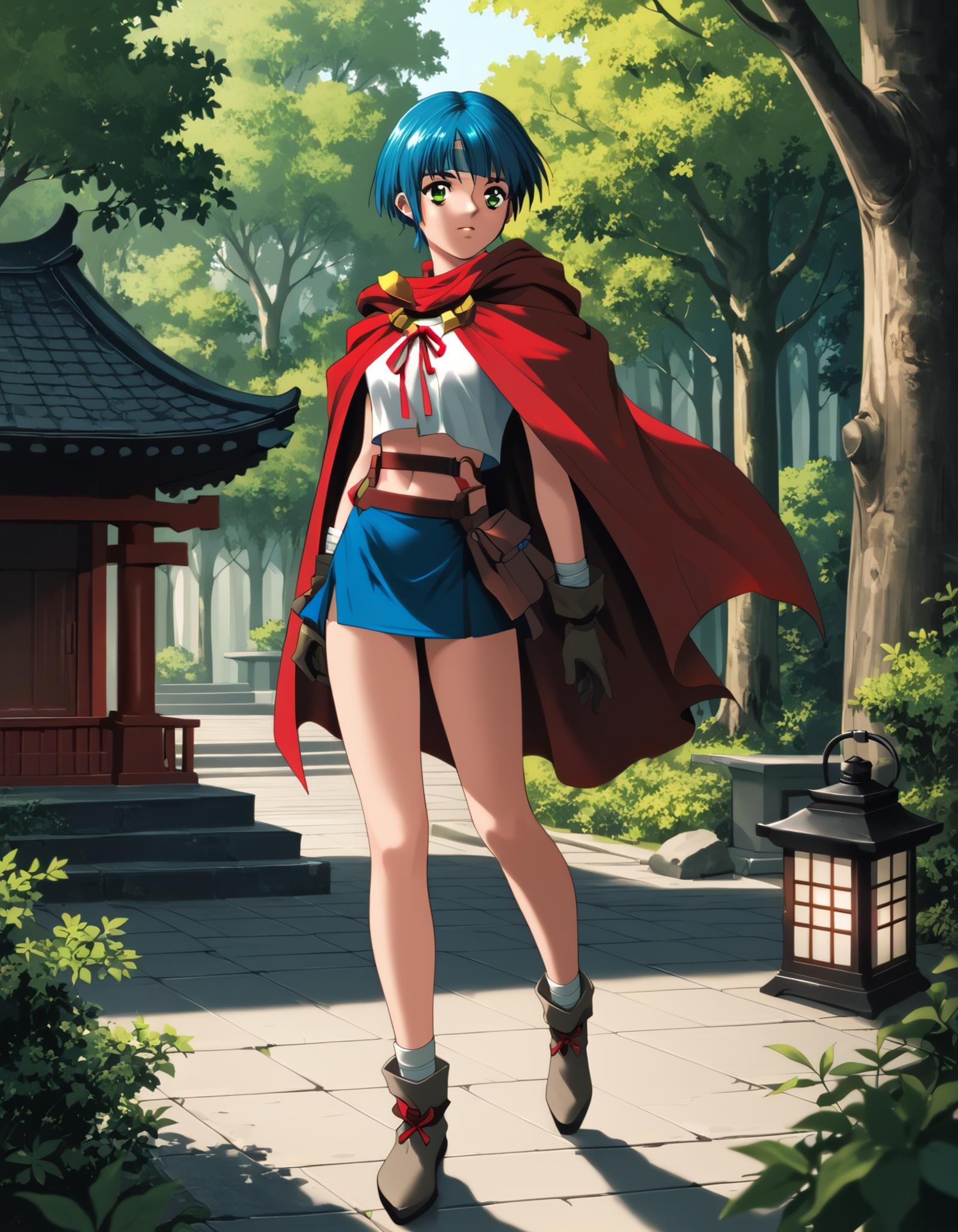 score_9,  score_8_up, score_7_up <lora:epo-ponyxl-000040:1> wwepo, blue hair, green eyes, (headband:0.5), red cape, microskirt, blue skirt,1girl, architecture, east asian architecture, forest, lantern, nature, outdoors, solo, tree