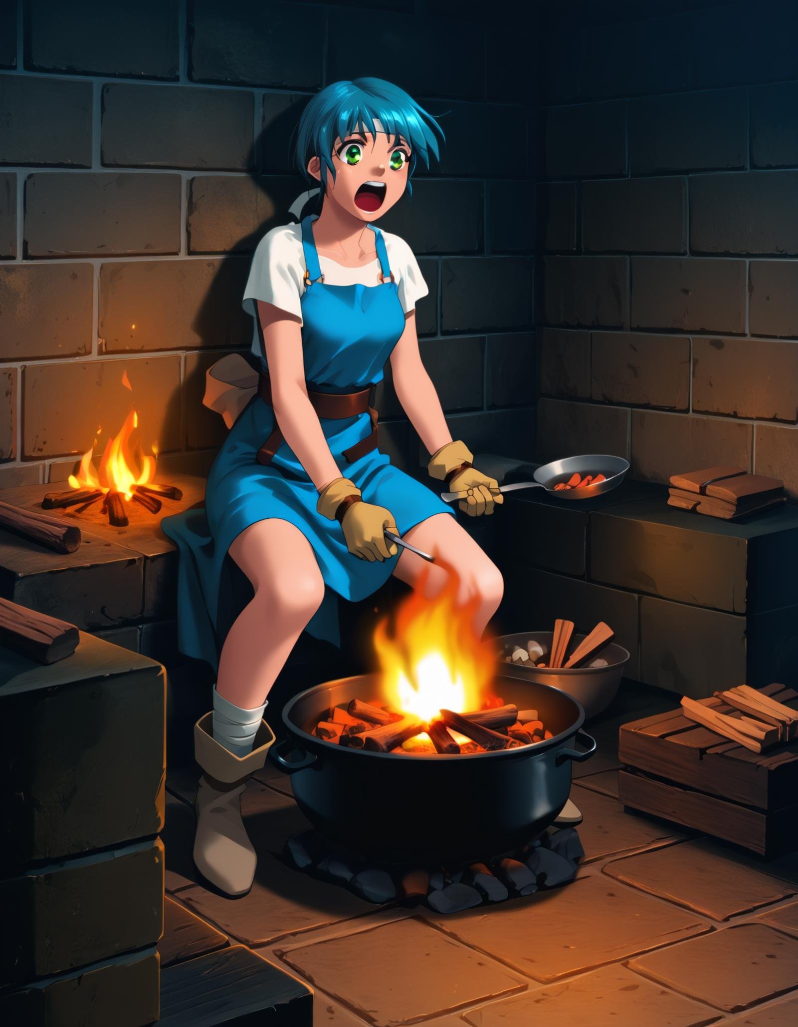 score_9,  score_8_up, score_7_up <lora:epo-ponyxl-000040:1> wwepo, blue hair, green eyes, (headband:0.5), fashion,boiling, brick wall, bubble, campfire, cooking, dungeon, excited, open mouth