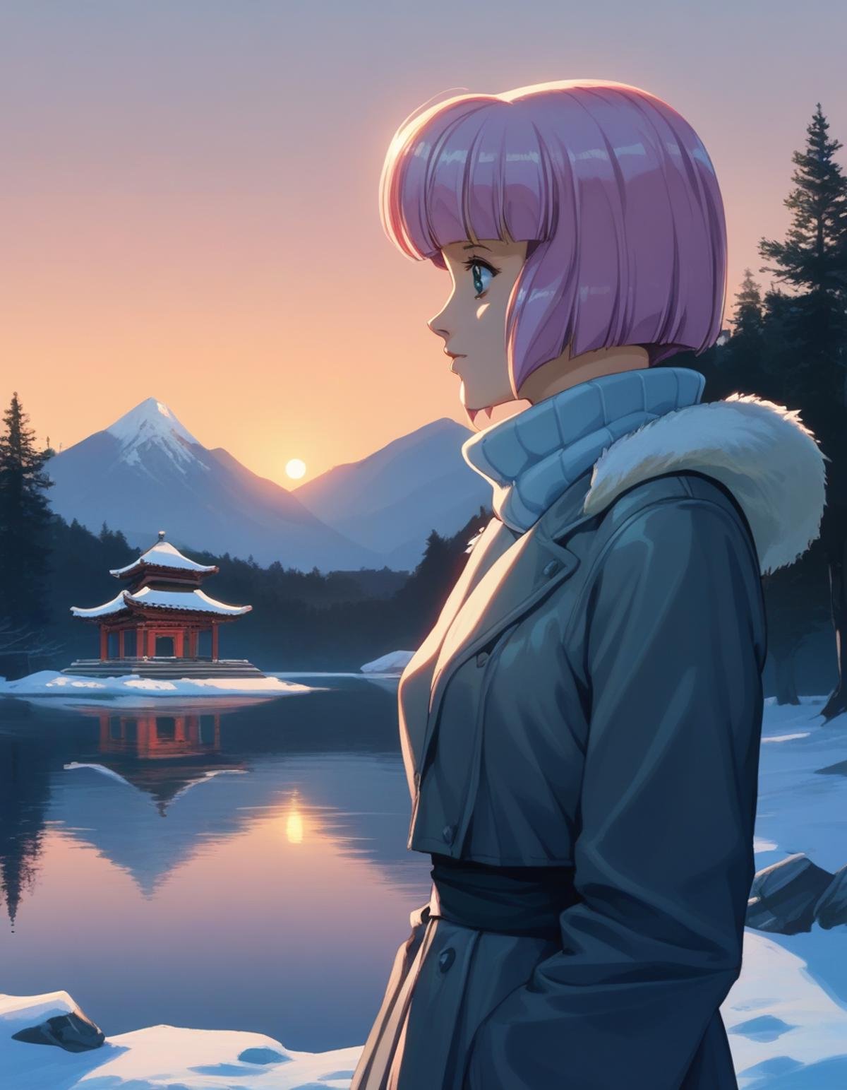 score_9,  score_8_up, score_7_up<lora:diana-silverneil-000030:1> diana silverneil, turtleneck, winter clothes,1girl, from side, outdoors, asian temple, outdoors, dusk, sunset in mountains, lake, snow peaks, dark night, low color gamma, dark colors, low brightness