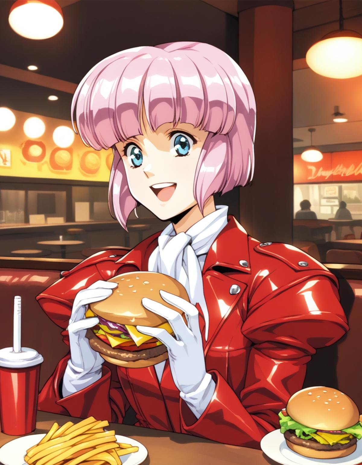 score_9,  score_8_up, score_7_up<lora:diana-silverneil-000030:1> diana silverneil, gloves, long sleeves, pleated skirt, red skirt, puffy sleeves, red coat,1girl, solo, upper body, happy, burger, indoors, restaurant, dim lighting