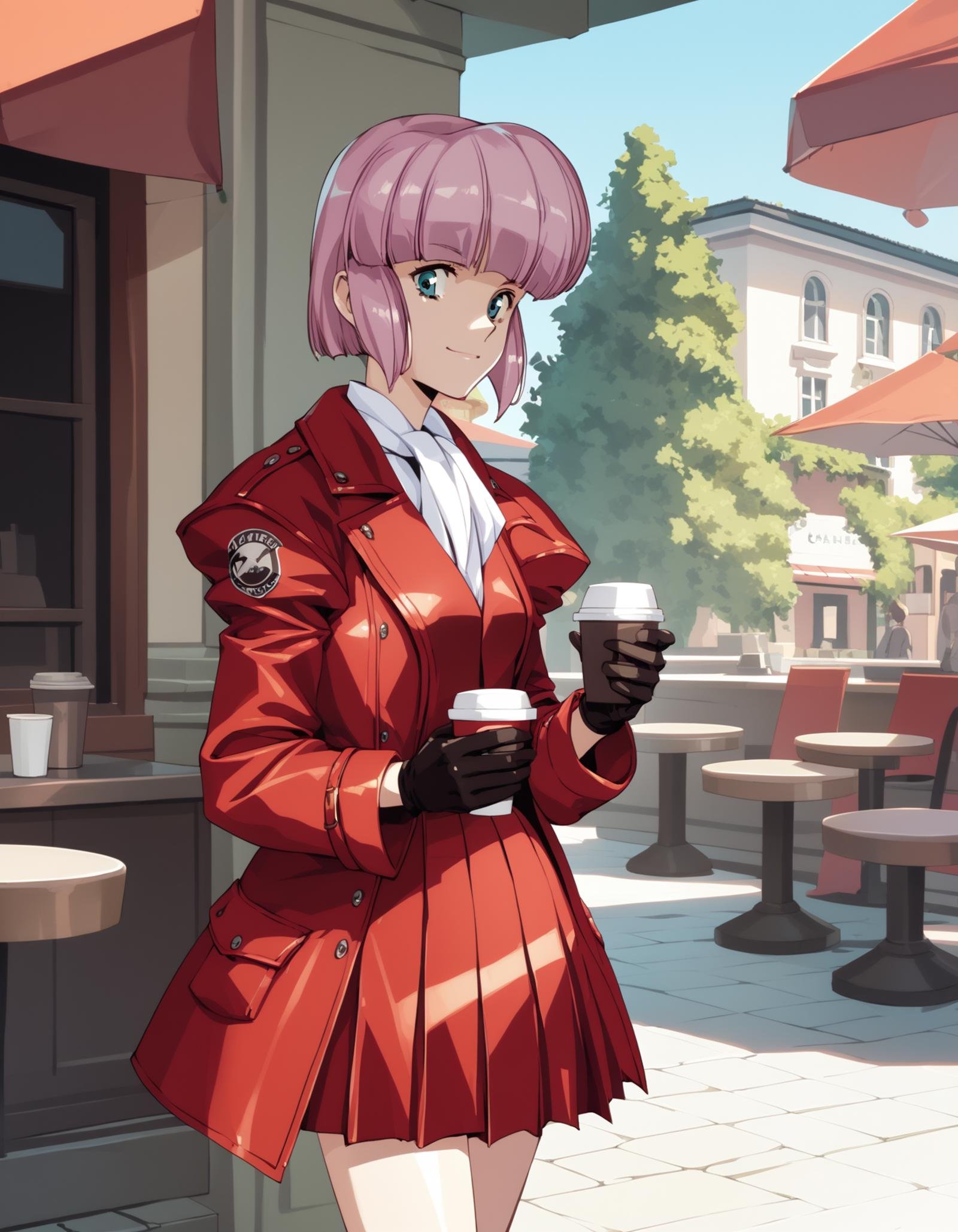 score_9,  score_8_up, score_7_up<lora:diana-silverneil-000030:1> diana silverneil, gloves, long sleeves, pleated skirt, red skirt, puffy sleeves, red coat,1girl, solo, disposable cup, outdoors, cafe, light smile