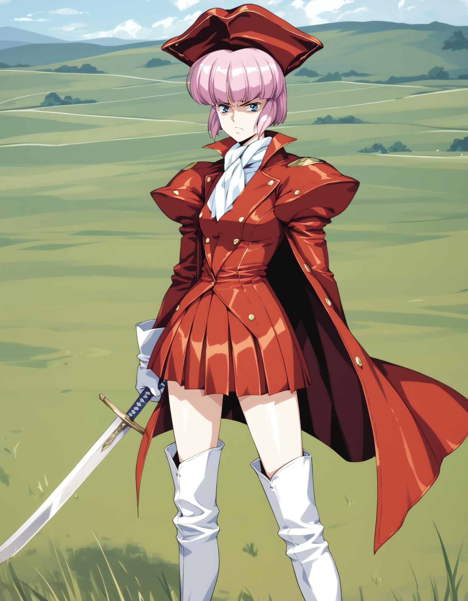 score_9,  score_8_up, score_7_up<lora:diana-silverneil-000030:1> diana silverneil, gloves, hat, long sleeves, pleated skirt, red skirt, puffy sleeves, red coat, knee boots, white boots,1girl, solo, glaring, field, chaotic,  cowboy shot, sword