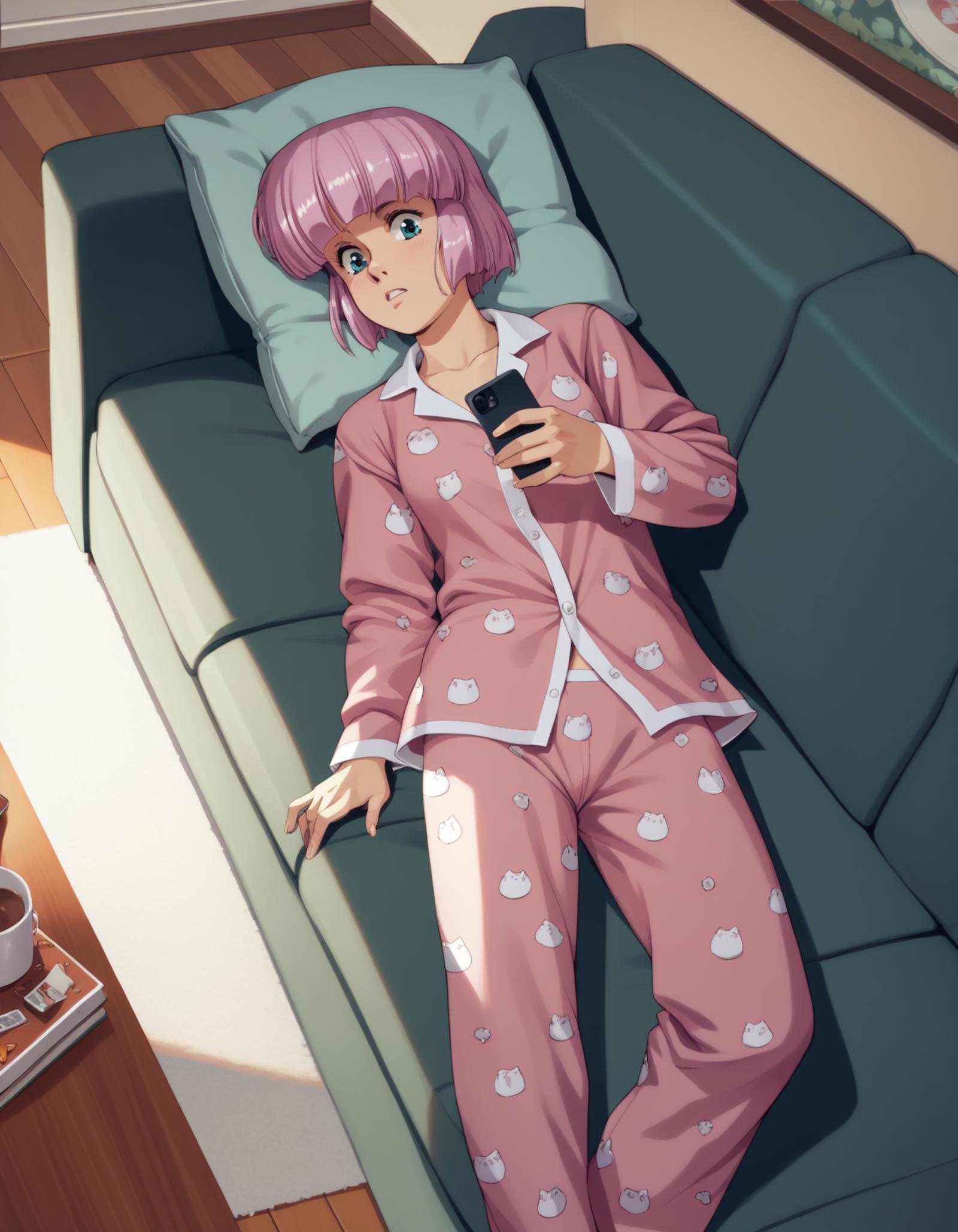 score_9,  score_8_up, score_7_up<lora:diana-silverneil-000030:1> diana silverneil, pajamas,1girl, on back, couch, view from above, smartphone, indoors, living room