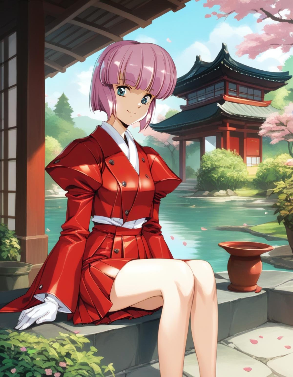 score_9,  score_8_up, score_7_up<lora:diana-silverneil-000030:1> diana silverneil, gloves, long sleeves, pleated skirt, red skirt, puffy sleeves, red coat,1girl, solo, sitting, smile, outdoors, japanese house, garden, tree, petals