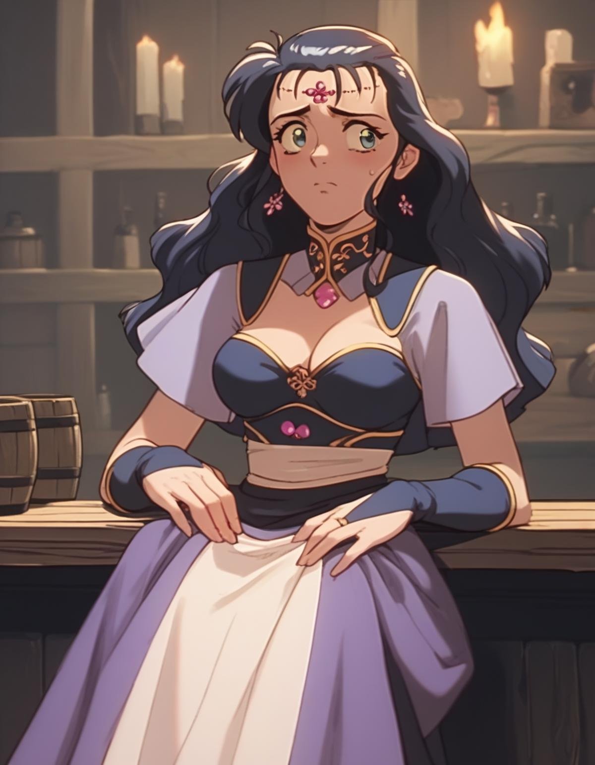 score_9, score_8_up, score_7_up, score_6_up, score_5_up, score_4_up, <lora:lydia-ponyxl:0.9> lydia, circlet, dress, cleavage, bridal gauntlets, medium breasts,1girl, worried, looking to the side, tavern