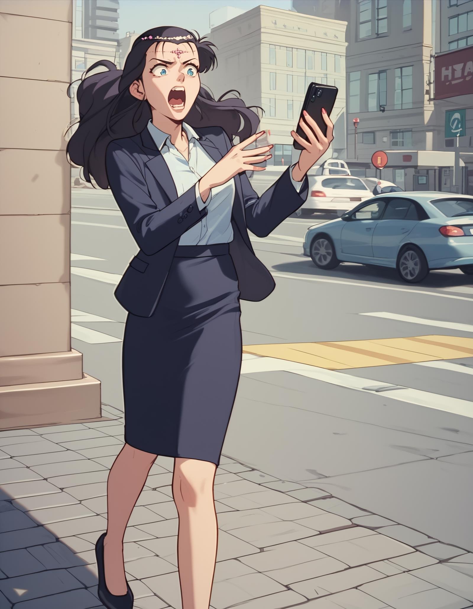 score_9,  score_8_up, score_7_up, source_anime, <lora:lydia-ponyxl:0.9> lydia, circlet, office lady,1girl, solo, talking on phone, shouting, sidewalk, city