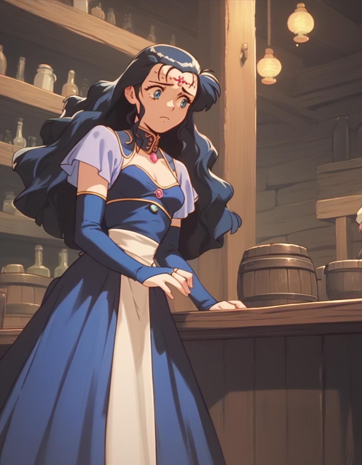 score_9, score_8_up, score_7_up, score_6_up, score_5_up, score_4_up, <lora:lydia-ponyxl:0.9> lydia, circlet, dress, cleavage, bridal gauntlets, blue skirt, small breasts,1girl, worried, looking to the side, tavern