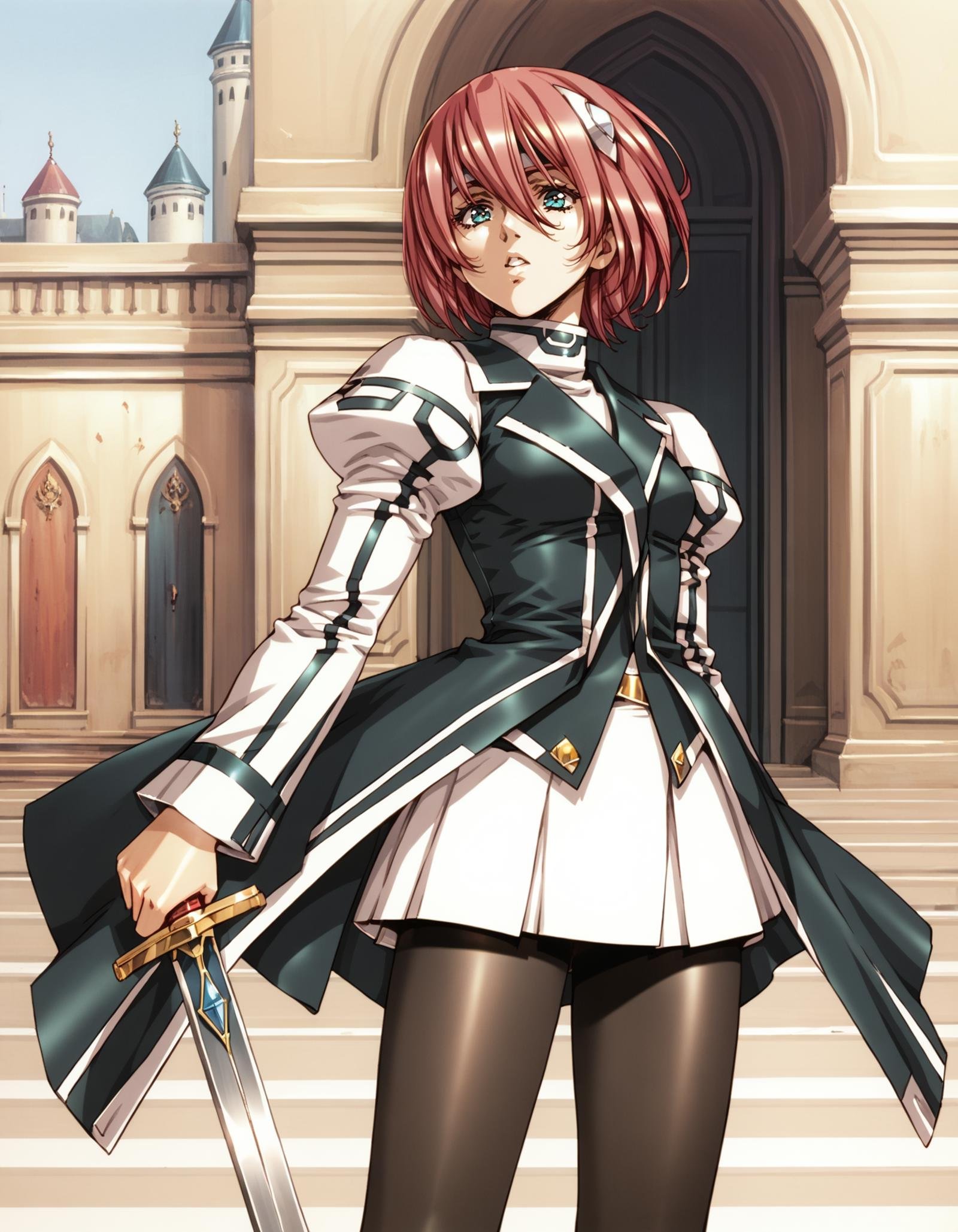 score_9,  score_8_up, score_7_up<lora:elessa-ponyxl-000130:1> elessa, elessa, juliet sleeves, coat, microskirt, white skirt, pantyhose,1girl, solo, sword, parted lips, stance, castle, outdoors