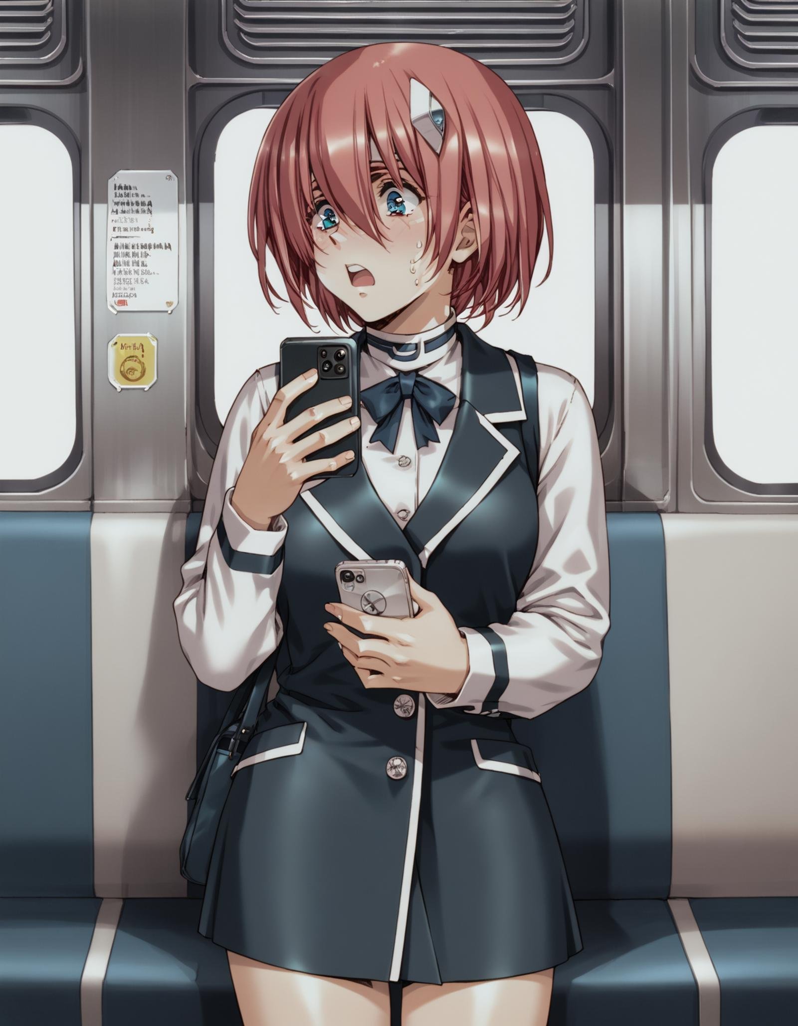 score_9,  score_8_up, score_7_up<lora:elessa-ponyxl-000130:1> elessa, 1girl, solo, cowboy shot, surprised, embarrassed, looking at phone, train interior