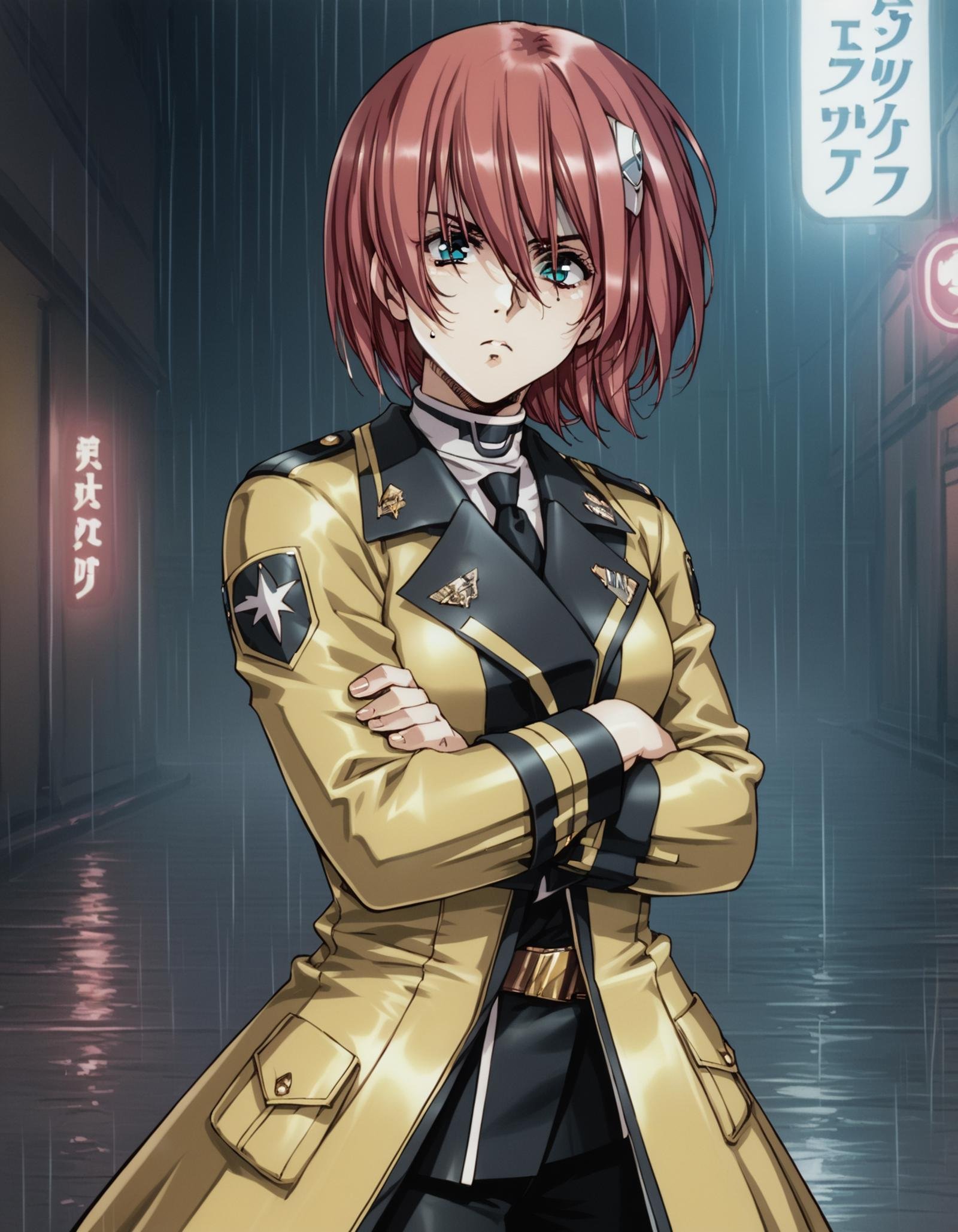 score_9,  score_8_up, score_7_up<lora:elessa-ponyxl-000130:1> elessa, 1girl, solo, military uniform, yellow coat, handgun, serious, night, rain, neon lights