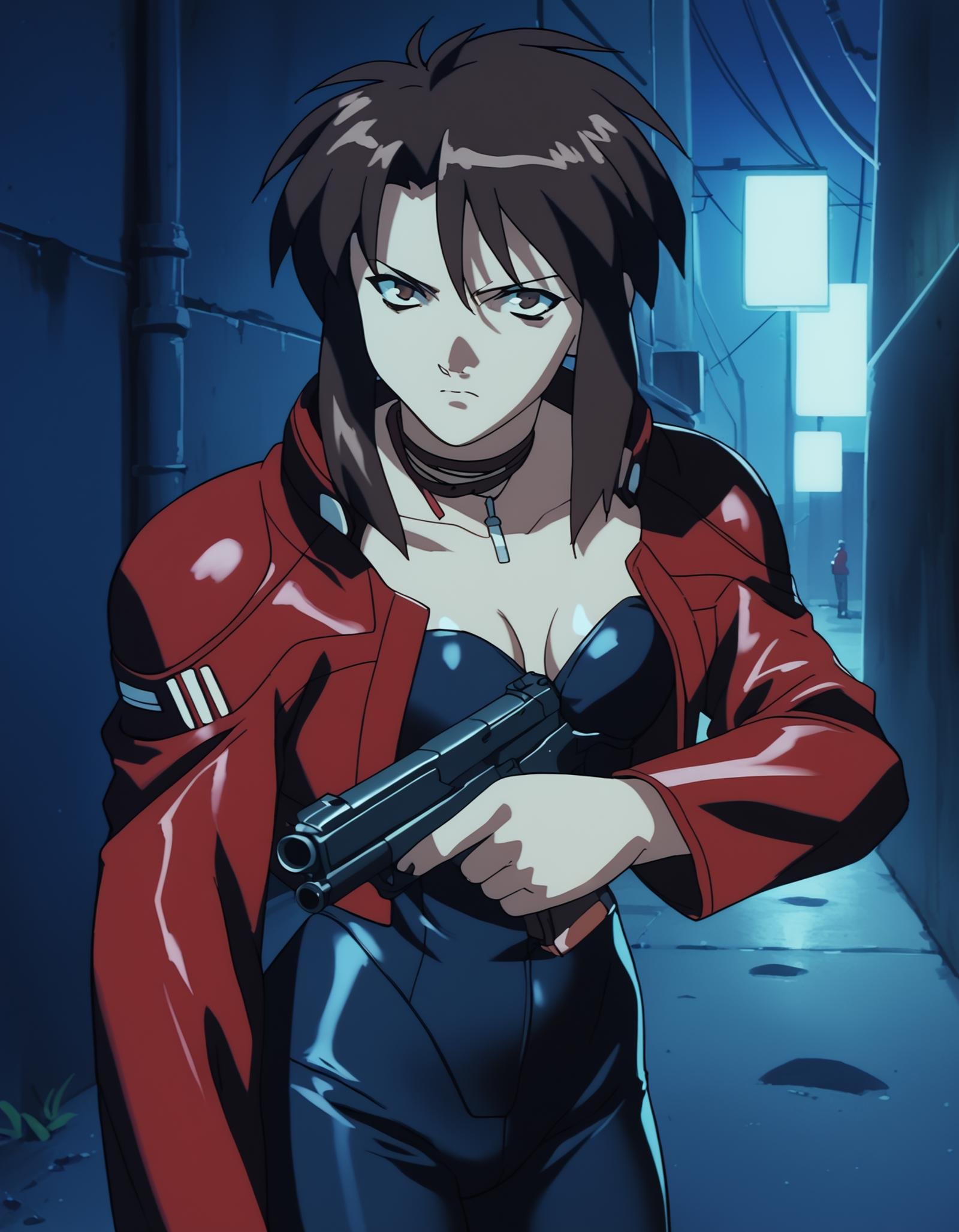 score_9,  score_8_up, score_7_up, source_anime, <lora:priss-v3-ponyxl-000005:1> 1girl, solo, priss, brown eyes, ribbon choker, cropped jacket, red jacket, bodysuit, serious, holding gun, trigger discipline, night, alley, city, cyberpunk