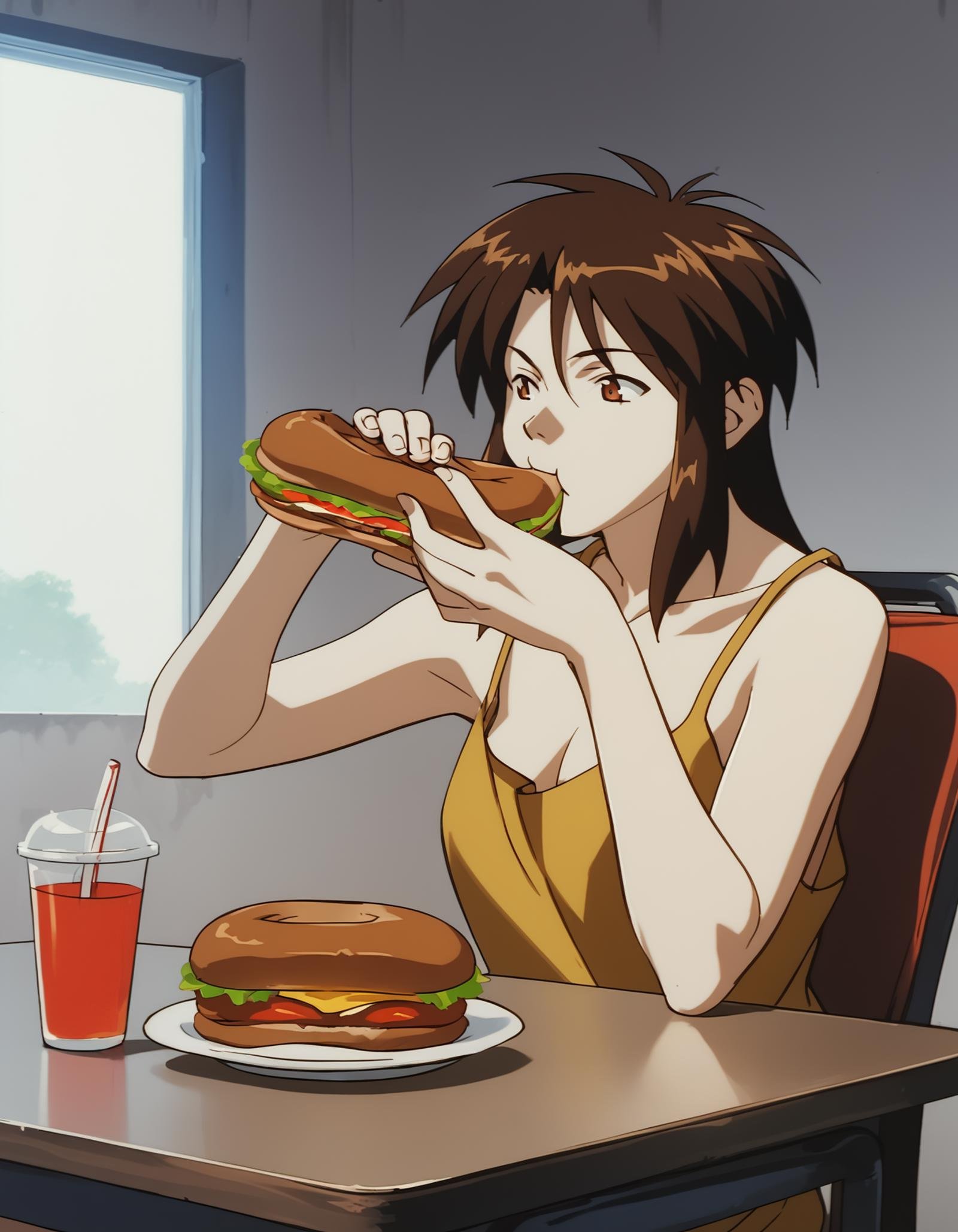 score_9,  score_8_up, score_7_up, source_anime, <lora:priss-v3-ponyxl-000005:1> 1girl, solo, priss, tank top, sitting, eating, (sandwich:0.8), table, indoors