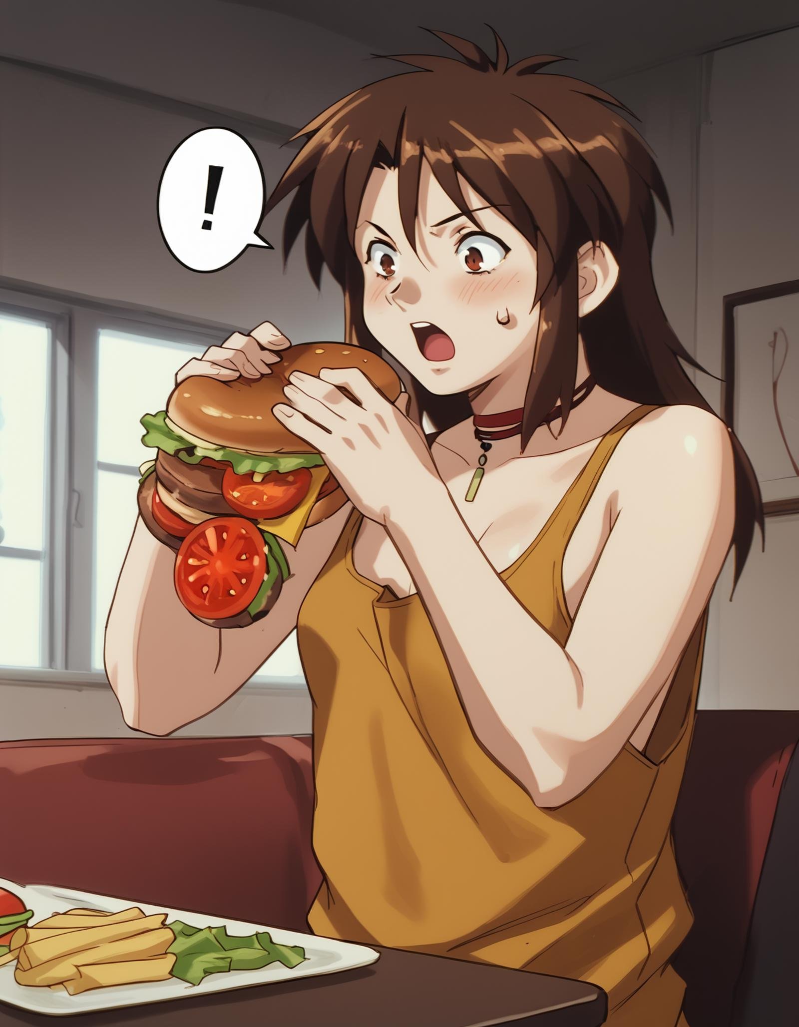 score_9,  score_8_up, score_7_up, source_anime, <lora:priss-v3-ponyxl-000005:1> priss, brown eyes, ribbon choker, tank top, no pants, <lora:Burger_Malfunction-PonyXL-1024px:0.8> standing, surprised, eating, holding food, burger, burger_malfunction, spoken_exclamation_mark,tomato, cucumber, messym bacon, ketcup, mustard, salad1girl, indoors, table