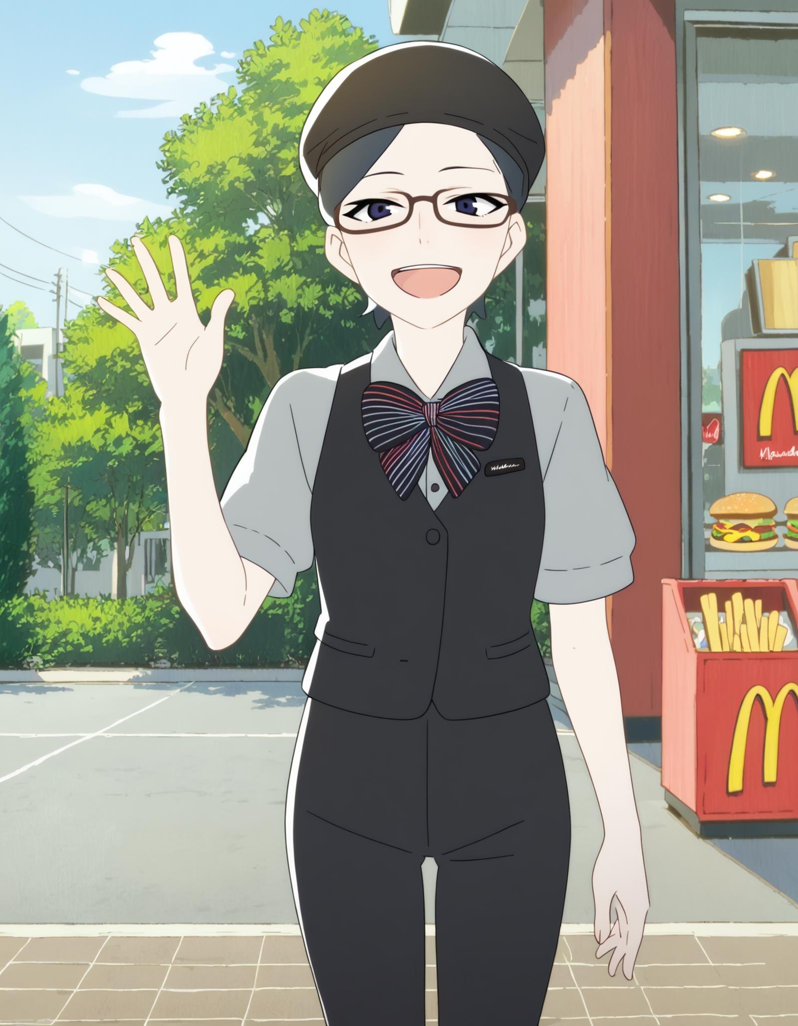 score_9,  score_8_up, score_7_up, source_anime, <lora:hibino-hoshino-ponyxl:0.9> 1girl, hoshino, glasses, hat, vest, striped bow, pants, waving, open mouth, smug, outdoors, mcdonald's