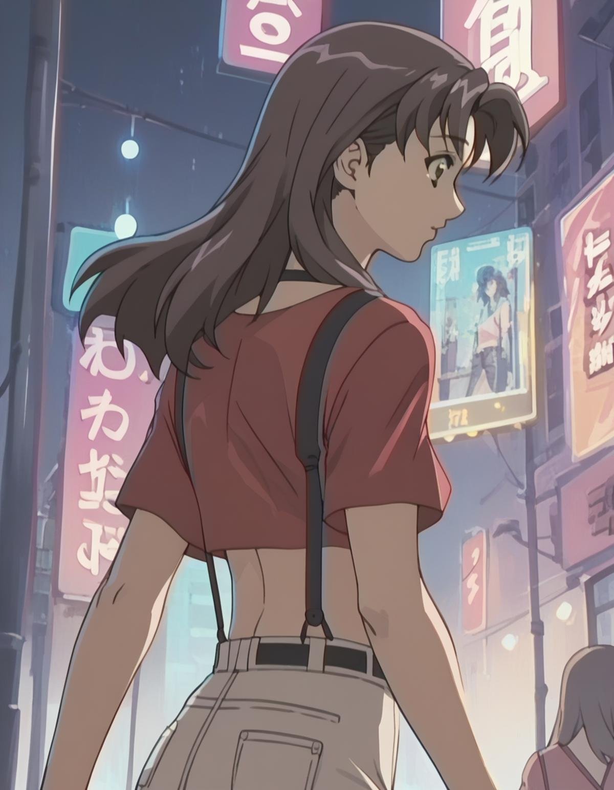 score_9,  score_8_up, score_7_up, source_anime, <lora:tomoko-ponyxl:0.9> 1girl, tomoko, (purple hair:0.5), crop top, red shirt, suspenders, walking, from side, city lights