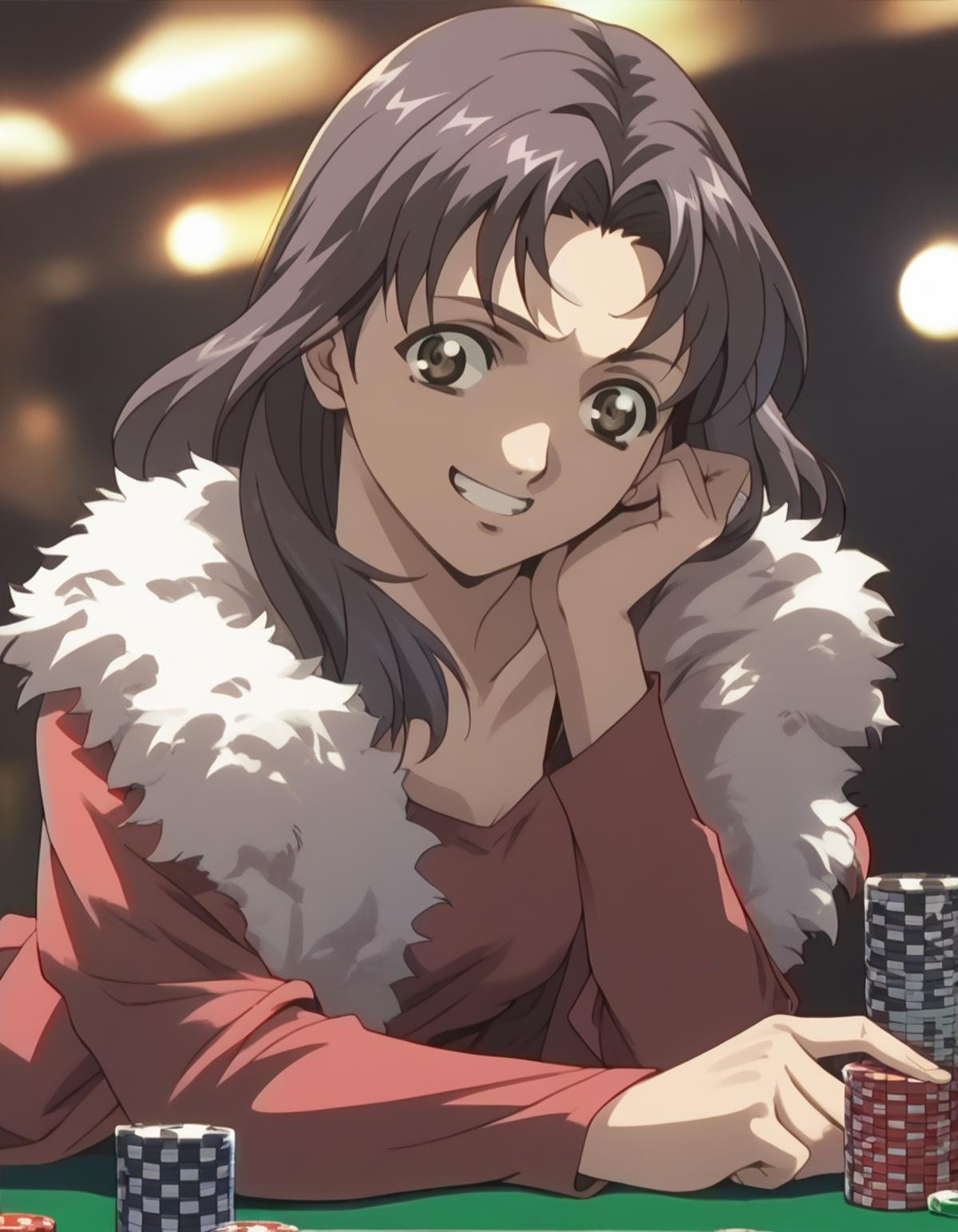 score_9,  score_8_up, score_7_up, source_anime, <lora:tomoko-ponyxl:0.9> 1girl, tomoko, (purple hair:0.5), fur coat, grin, poker chip