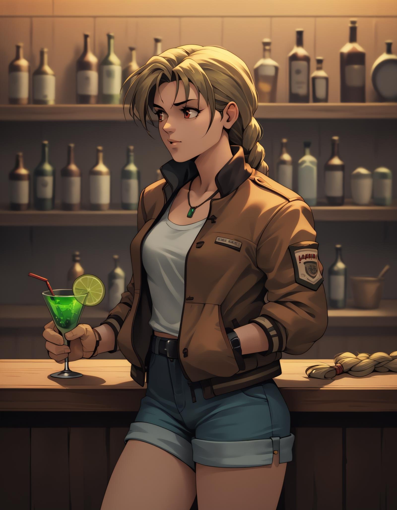 score_9,  score_8_up, score_7_up <lora:dark-ww-ponyxl-000038:1>  drkww, braid, jacket,1girl, solo, standing, counter, bar, cocktail shaker, looking to the side