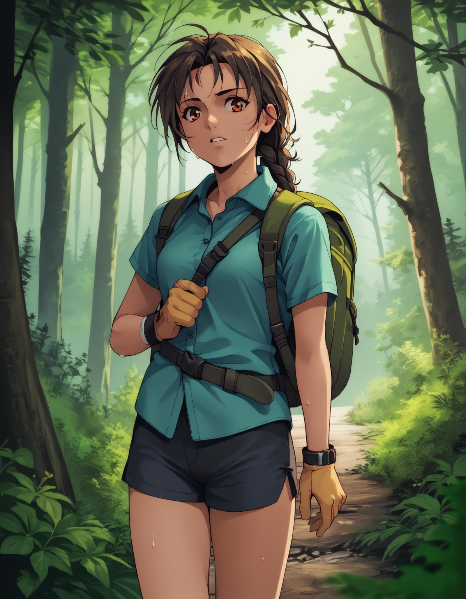 score_9,  score_8_up, score_7_up <lora:dark-ww-ponyxl-000038:1>  drkww, braid, hiking, backpack,1girl, solo, cowboy shot, forest, sweat