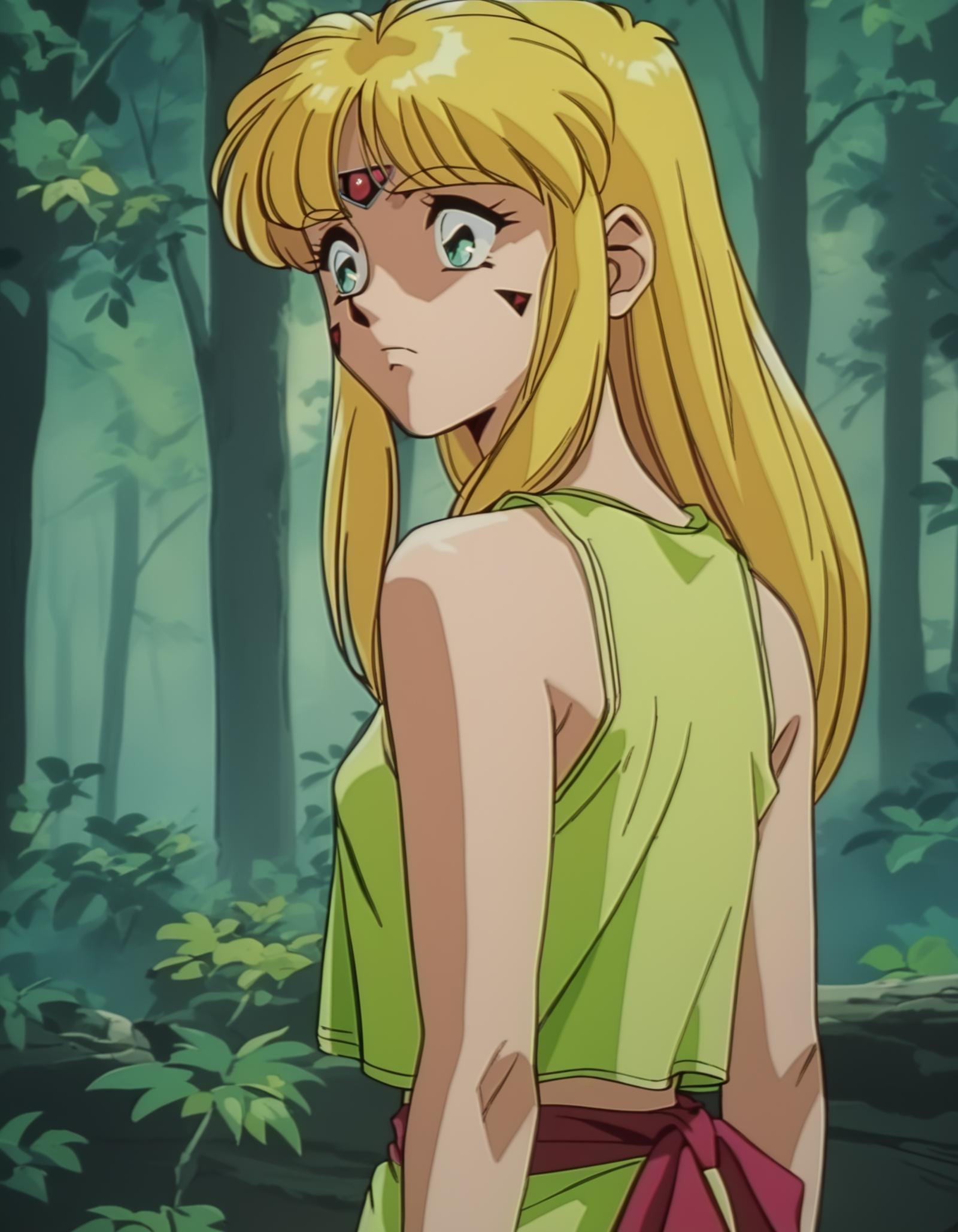 score_9,  score_8_up, score_7_up, source_anime, <lora:karisu-ponyxl:0.9> karisu, facial mark, forehead jewel, tank top,1girl, solo, cowboy shot, worried, looking to the side, forest