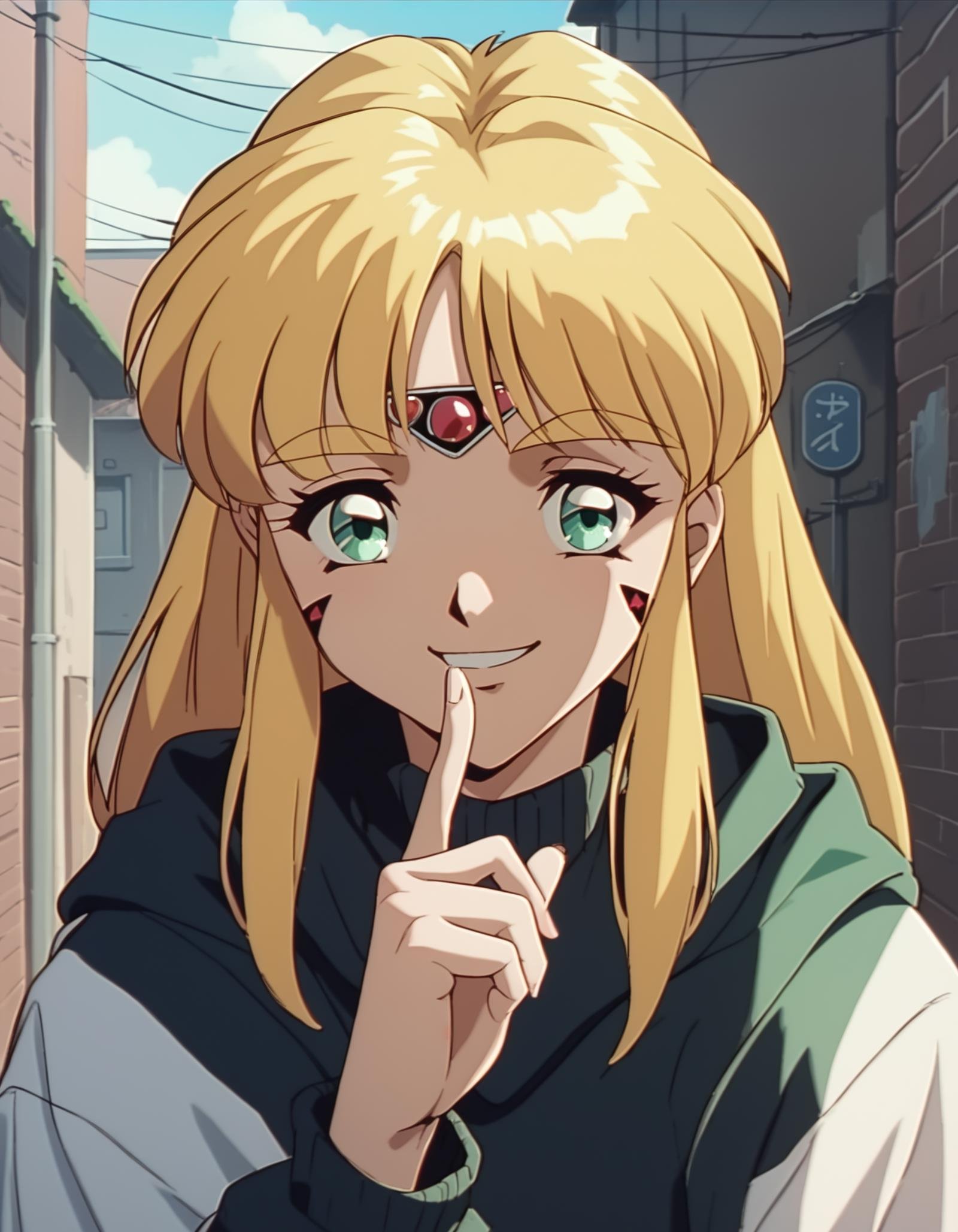 score_9,  score_8_up, score_7_up, source_anime, <lora:karisu-ponyxl:0.9> karisu, facial mark, forehead jewel, streetwear,1girl, solo, upper body, alley, smile, finger to mouth, shushing