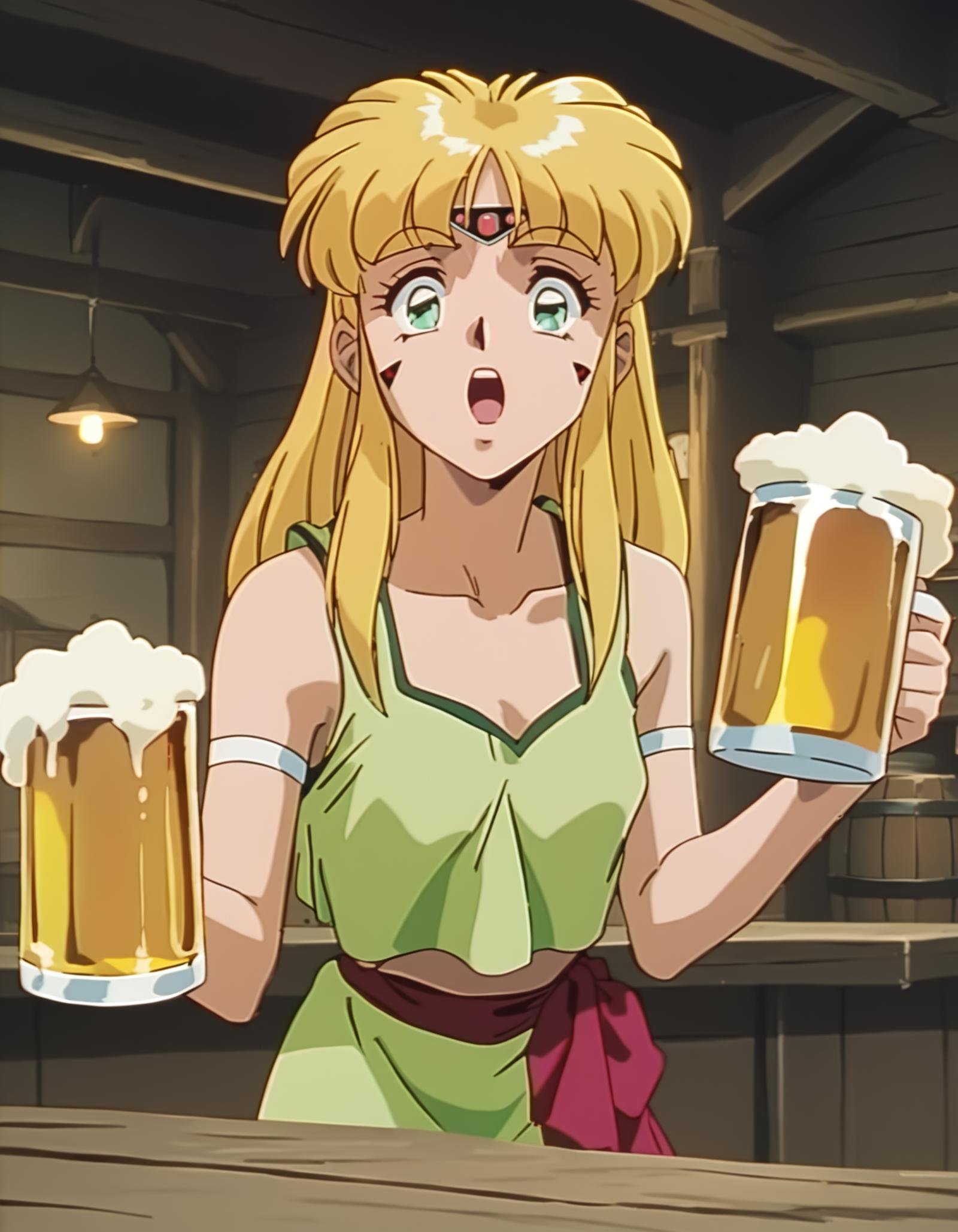 score_9,  score_8_up, score_7_up, source_anime, <lora:karisu-ponyxl:0.9> karisu, facial mark, forehead jewel, tank top,1girl, solo, beer, excited, tavern