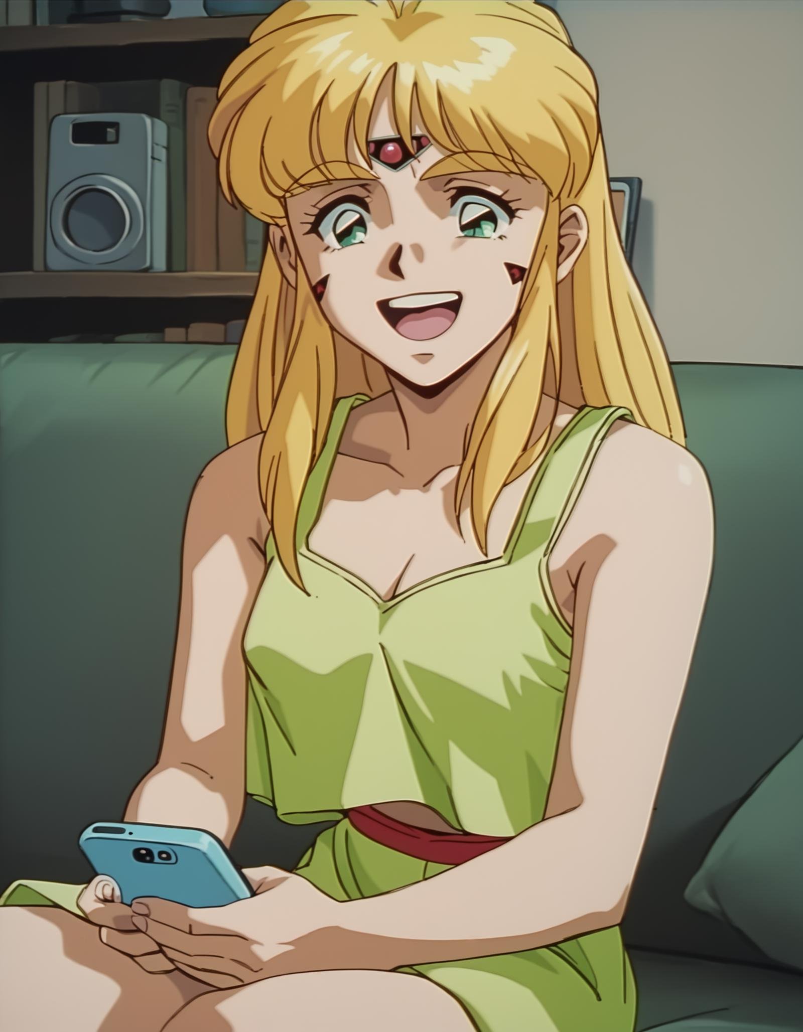 score_9,  score_8_up, score_7_up, source_anime, <lora:karisu-ponyxl:0.9> karisu, facial mark, forehead jewel, tank top,1girl, solo, couch, flip phone, laughing, living room