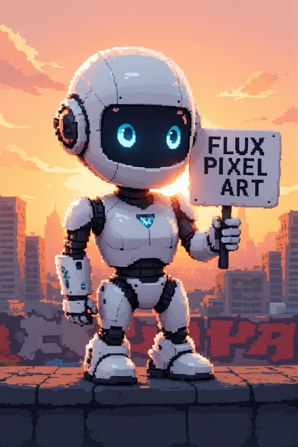 cute robot, holding a sign, white robot, sign says “Flux Pixel Art”, city in the background, sunset, graffiti on the wall, looking at the viewer, masterpiece, 8k, stunning image, Pixel Art.