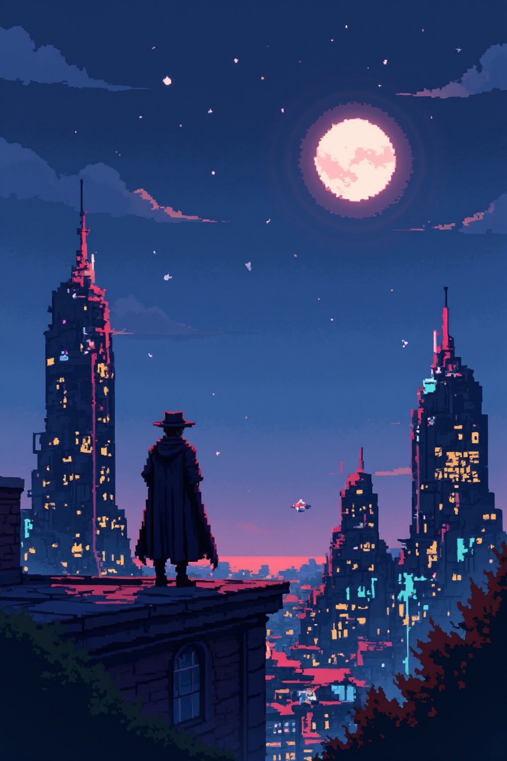 Imagine a night scene in a futuristic city. Skyscrapers rise into the sky, with brightly colored neon lights illuminating the streets. In the center of the image, there is a character in a long cape and hat, standing on a rooftop, looking out over the city. The sky is full of stars and a full moon shines brightly. In the lower right corner, there is a small floating robot with blinking lights. The color palette includes dark shades of blue and purple, with neon accents of pink, green and yellow, Pixel Art.