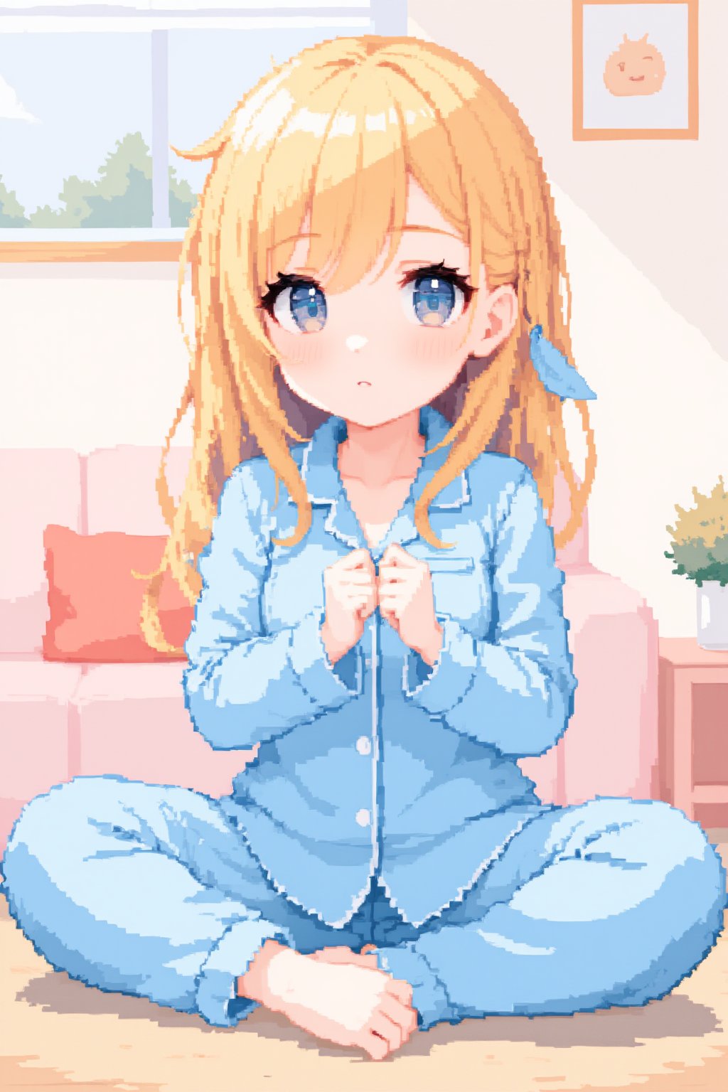 1girl, blonde hair, upper body, bottom room, pajamas, pout, sitting, blue pajamas, twintails, paw pose, blue eyes, hairpin, Pixel Art