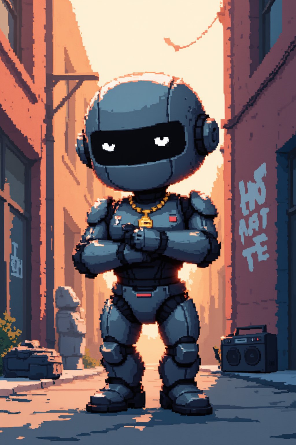 cute robot, standing, arms crossed, wearing dark sunglasses, gold rapper necklace, alley in background, musical notes, graffiti on wall, stereo radio on the floor, looking at viewer, Pixel Art