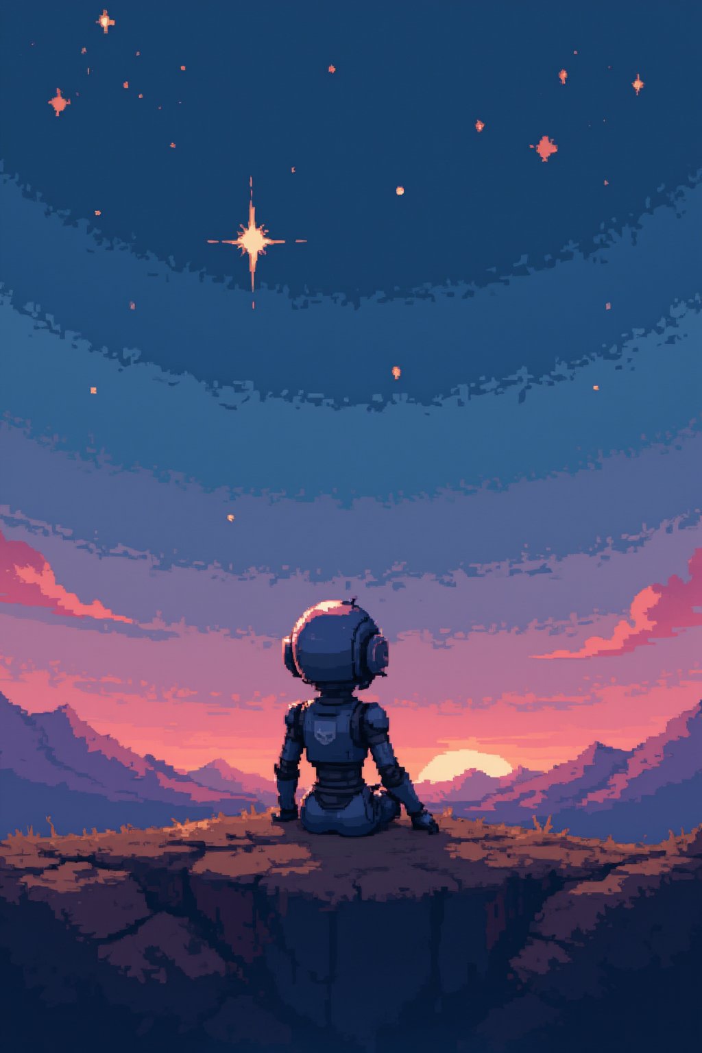 a cute robot walking sitting in a cliff, looking at the stars, starry say, view from behind, Pixel Art