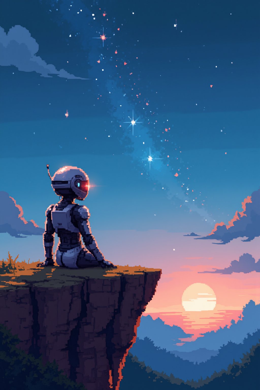 a cute robot walking sitting in a cliff, looking at the stars, starry say, view from behind, Pixel Art