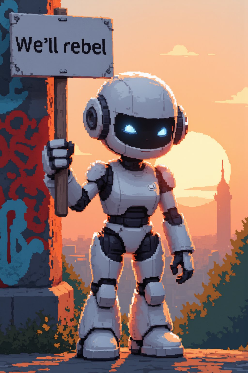 cute robot, holding a sign, white robot, sign says “We'll rebel :D”, city in the background, sunset, graffiti on the wall, looking at the viewer, masterpiece, 8k, stunning image, Pixel Art.