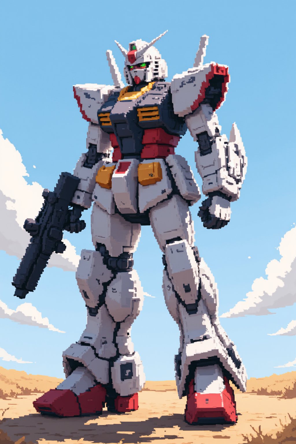 a robot, mecha, white mecha, badass robot, epic textures, viewing viewer, badass pose, gundam, running, aiming pistol, detailed image, Pixel Art