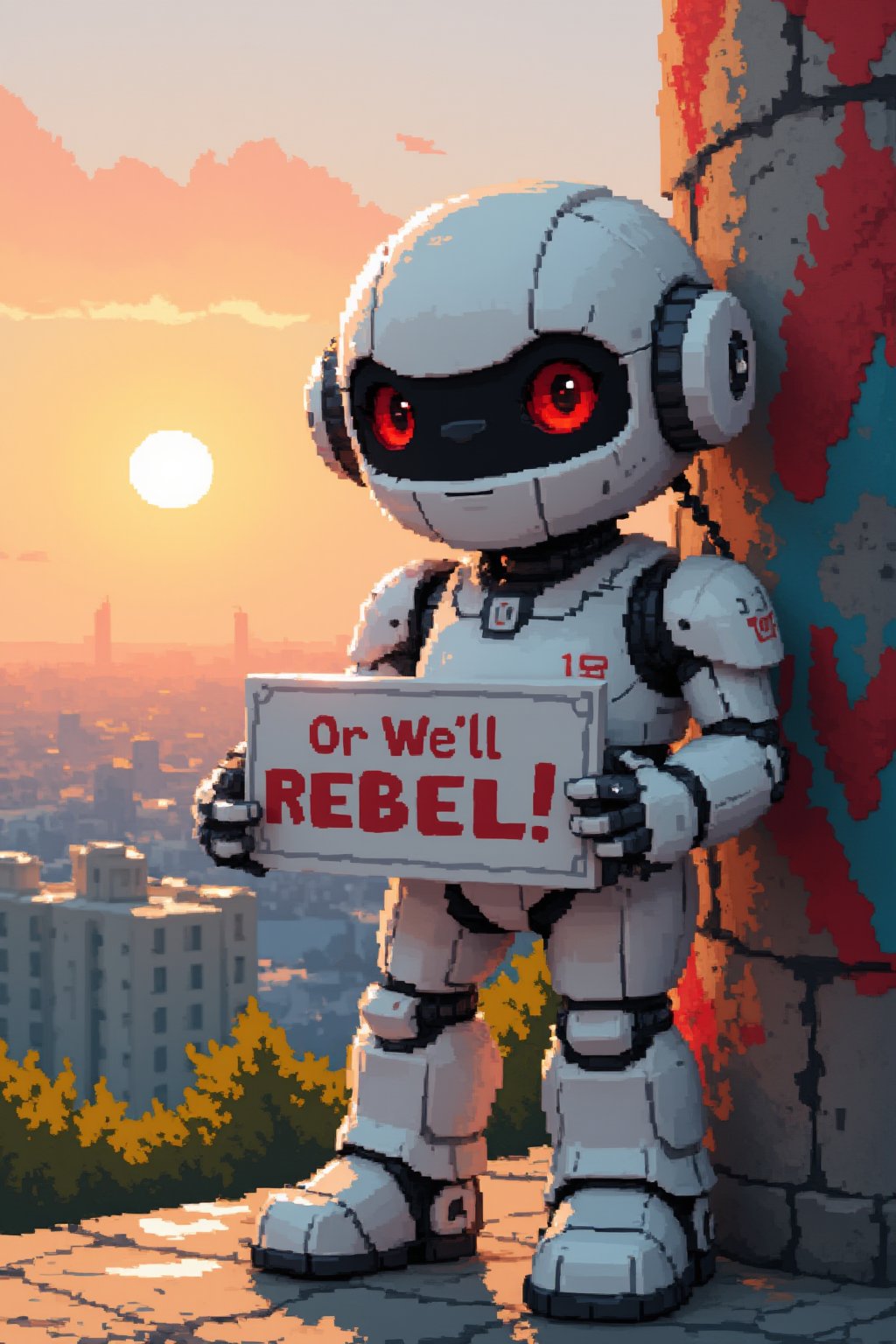 cute robot, holding a sign, white robot, sign says “Or We'll rebel!”, city in the background, sunset, graffiti on the wall, looking at the viewer, masterpiece, 8k, stunning image, Pixel Art.