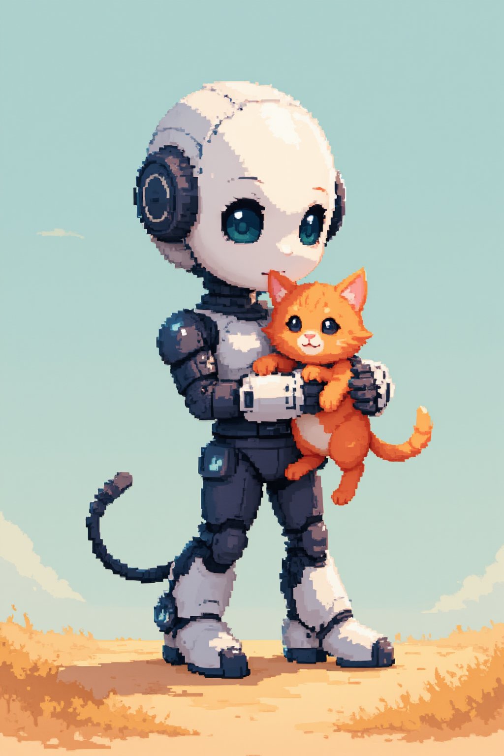 a cute robot walking around while holds a cute cat, Pixel Art