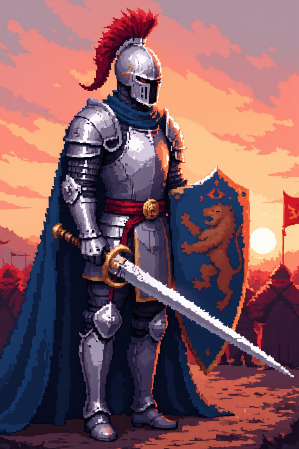 a brave warrior in a medieval world. The character is a knight in shining silver armor, decorated with golden details. He wears a helmet with a red feather on top and a blue cape billowing in the wind. In his right hand, he holds a long, gleaming sword, while in his left he carries a shield with the emblem of a lion. His eyes, visible through the helmet visor, reflect determination and courage. Around him, the landscape shows a battlefield with waving banners and the sun setting on the horizon, tinting the sky in shades of orange and red. The color palette includes metallic tones, deep reds and deep blues, Pixel Art.