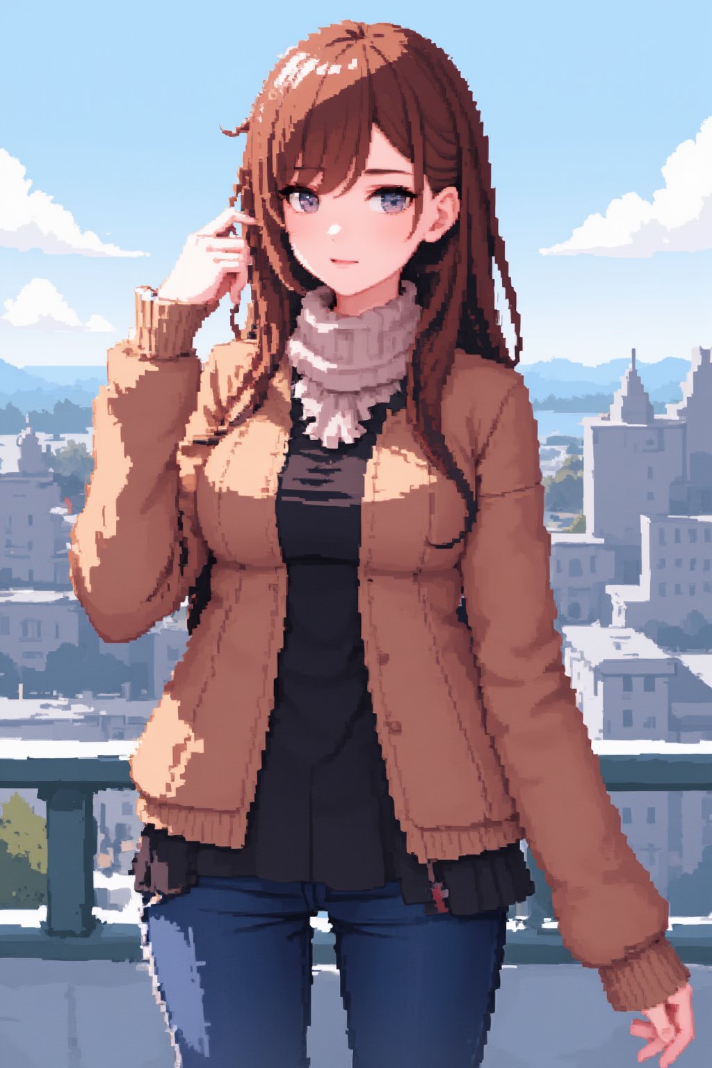 1girl, brown hair, full body, city in the background, brown sweater, black blouse, jeans, scarf, blue eyes, hairpin, Pixel Art