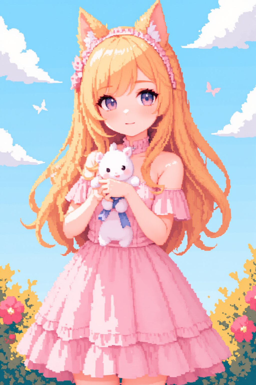 A kawaii girl in a fantasy world. The character is a young girl in a pastel pink dress adorned with bows and ruffles. She wears a pair of cat ears on a headband and her hair is long and wavy, a bright blonde color with pink highlights. Her eyes are large and bright, a light blue color, and she has rosy cheeks that give her an adorable look. In her hands, she holds a small stuffed rabbit with a blue ribbon. Around her, the landscape depicts an enchanted garden with brightly colored flowers and fluttering butterflies. The color palette includes pastel shades, such as pink, blue and yellow, with bright and shiny details., Pixel Art.