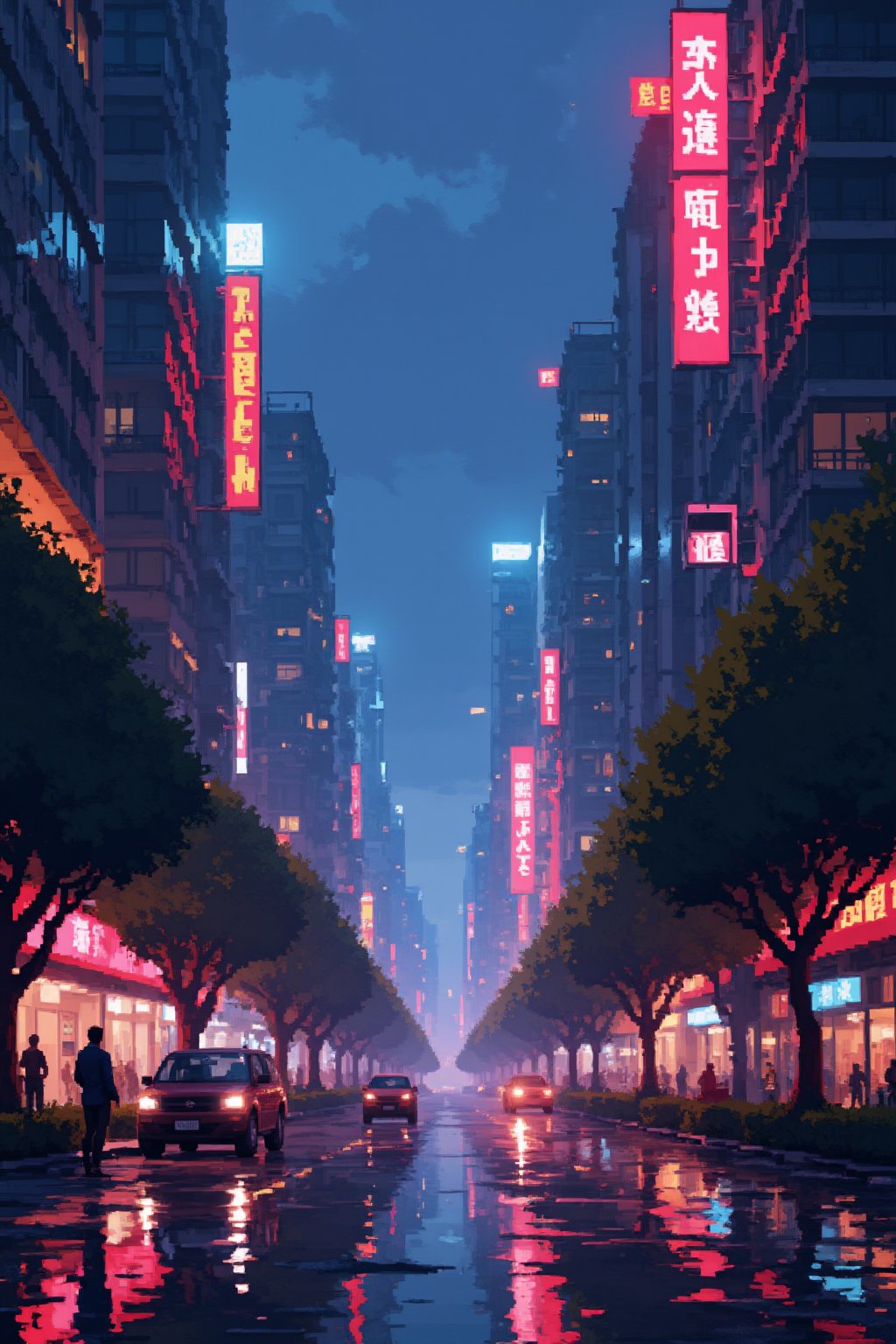 an impressive landscape: a wet street at night in a huge cyberpunk city, reflection, rain, people walking, parked car, neon lights everywhere, Pixel Art.