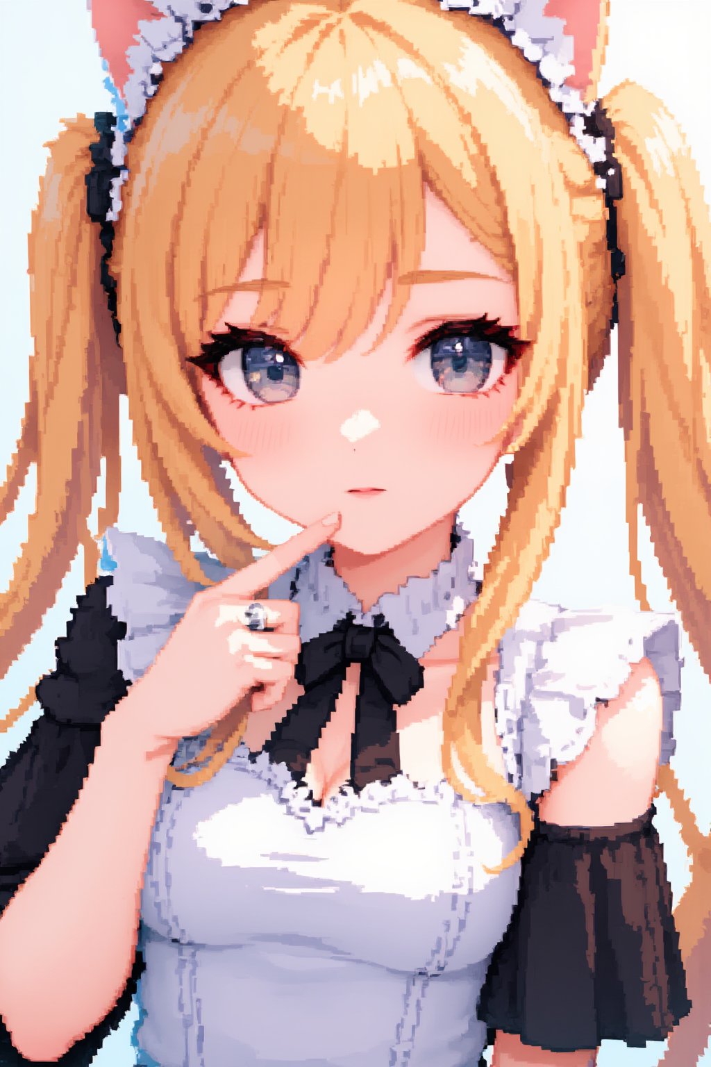 cute girl, cat girl, blonde hair, twintails, fake cat eats, maid costume, blue eyes, cute paw pose, looking at the viewer, masterpiece, 8k, stunning image, Pixel Art.