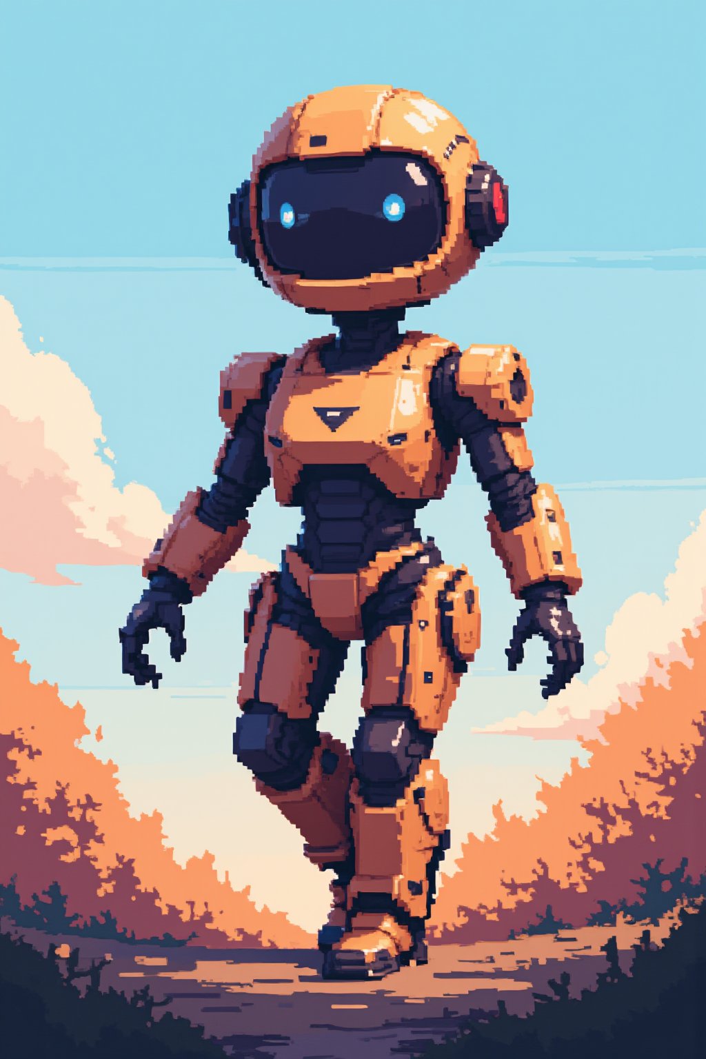 a cute robot walking around,Pixel Art